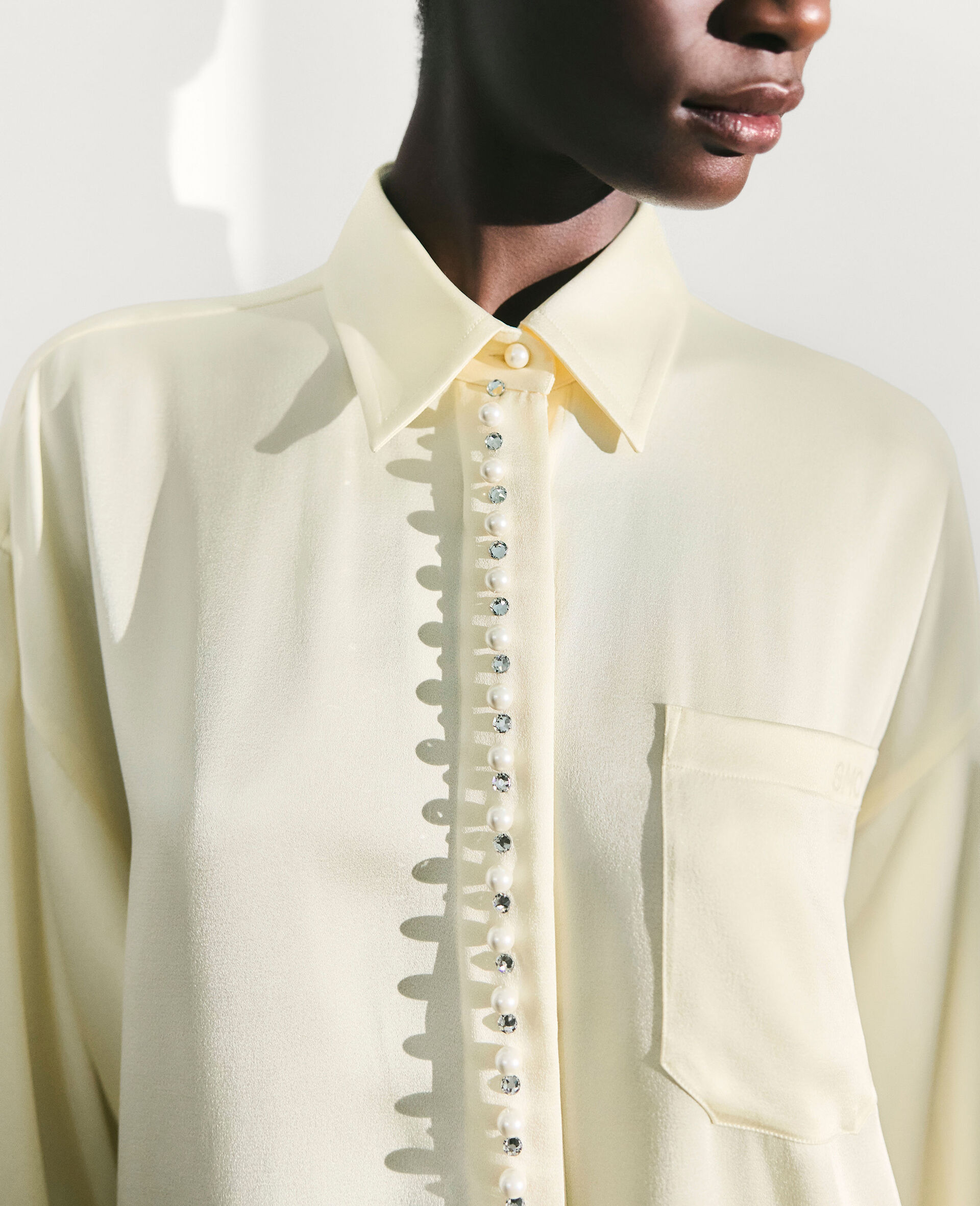 Oversized Pearl-Button Satin Shirt-Yellow-large image number 3