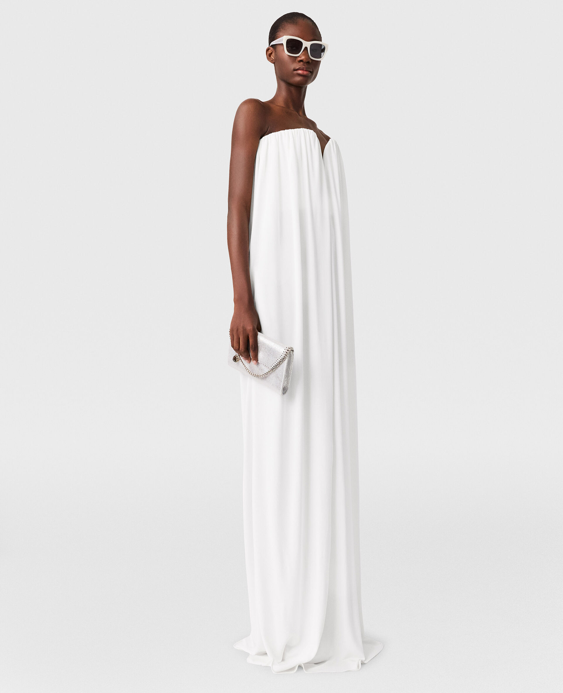 Pleated Strapless Silk-Blend Dress-White-large image number 1