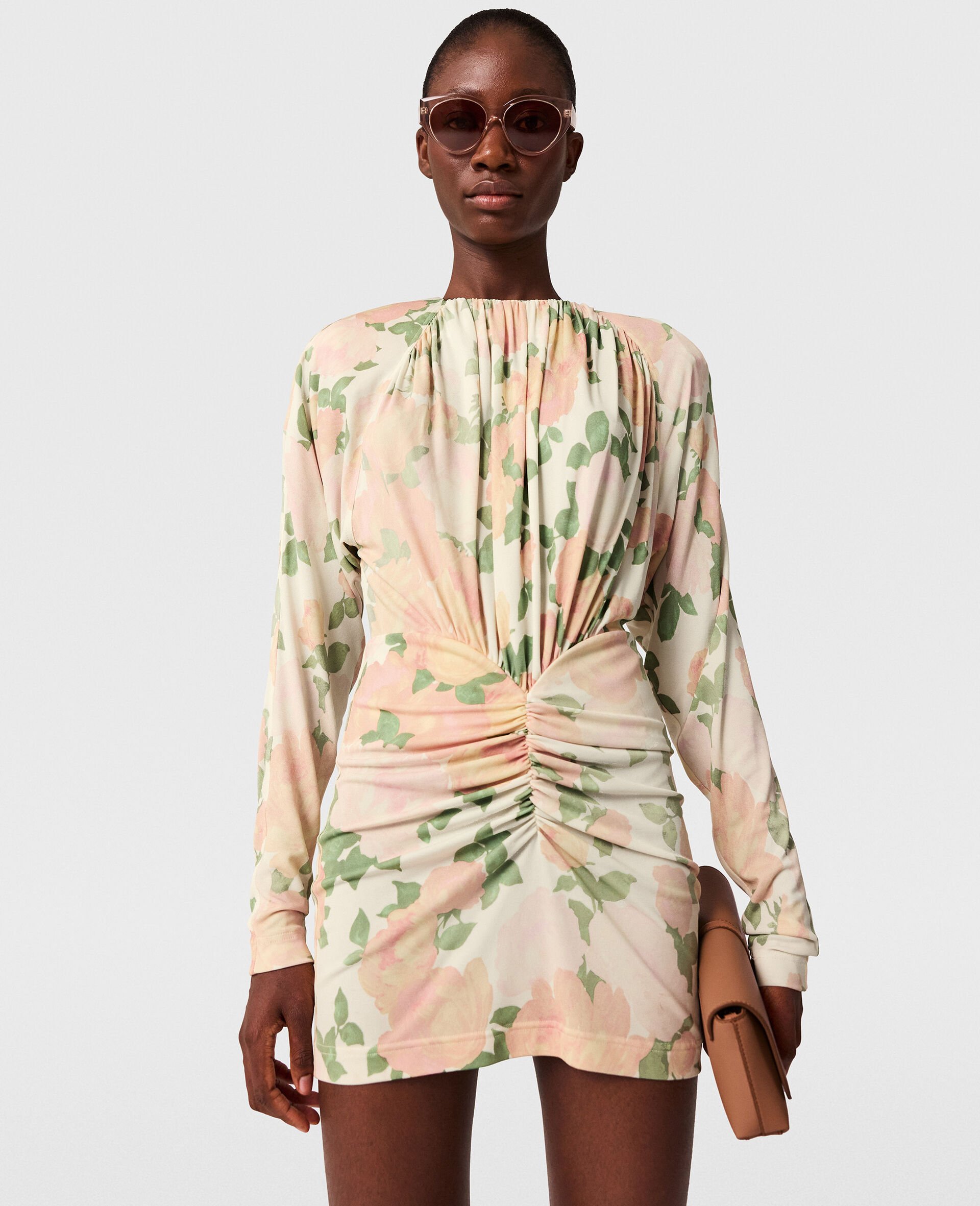 Mini robe a manches longues avec imprime pivoine-Rose-medium