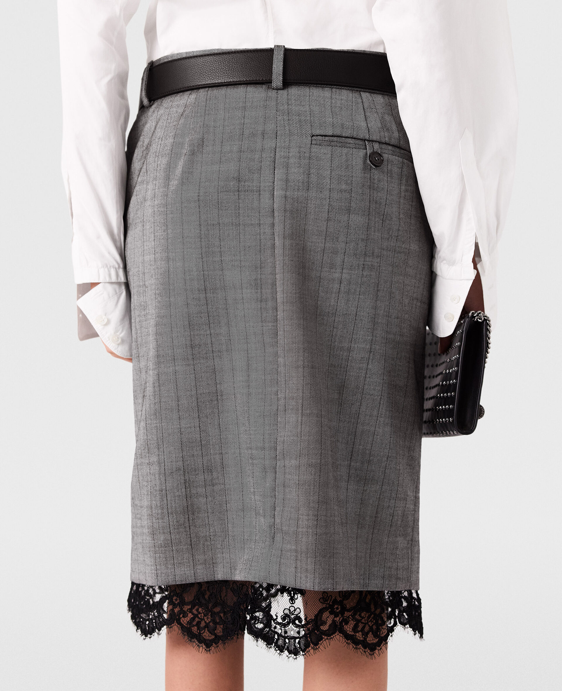 Jupe midi rayee avec bordure en dentelle-Gris-large image number 4