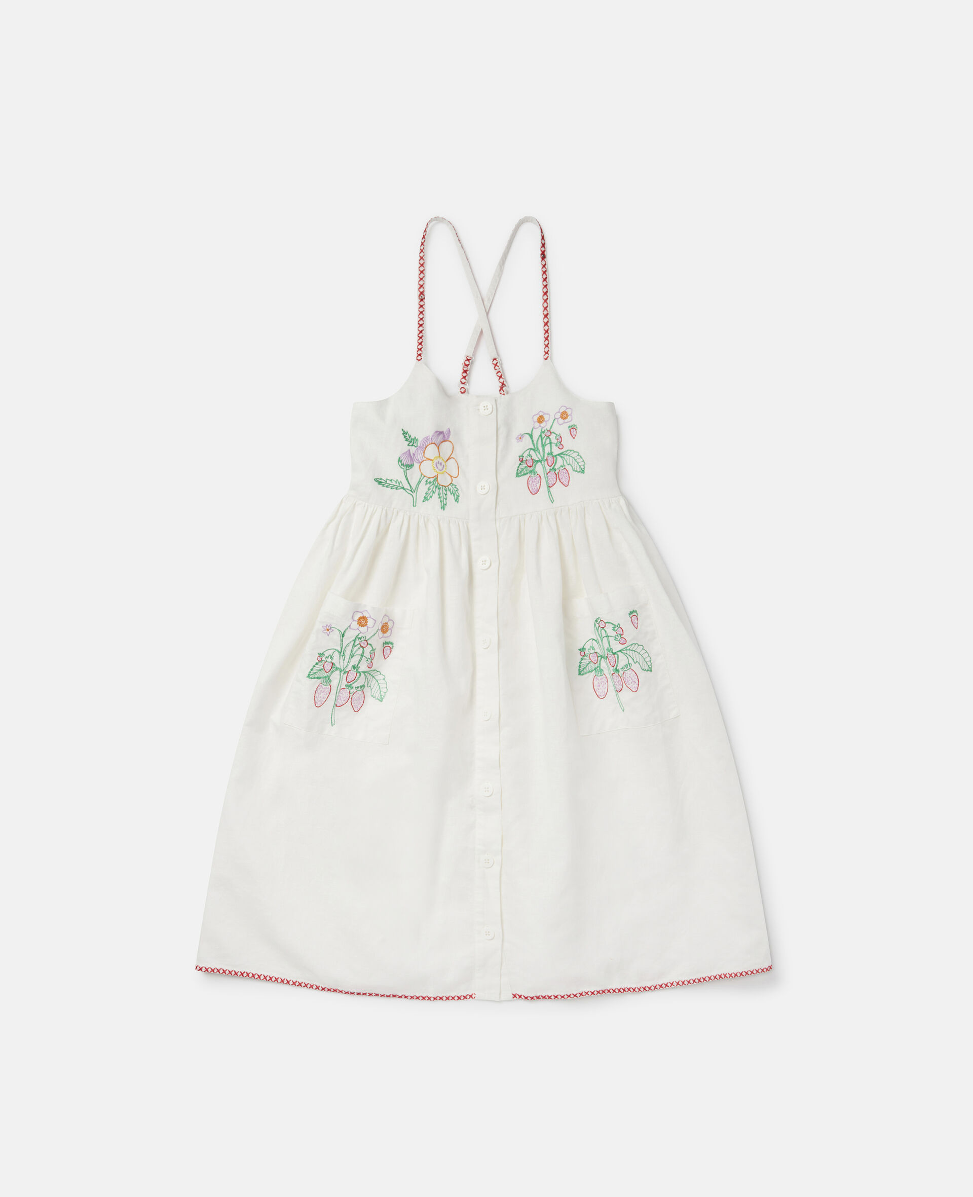 Flower Embroidered Linen Dress-White-large