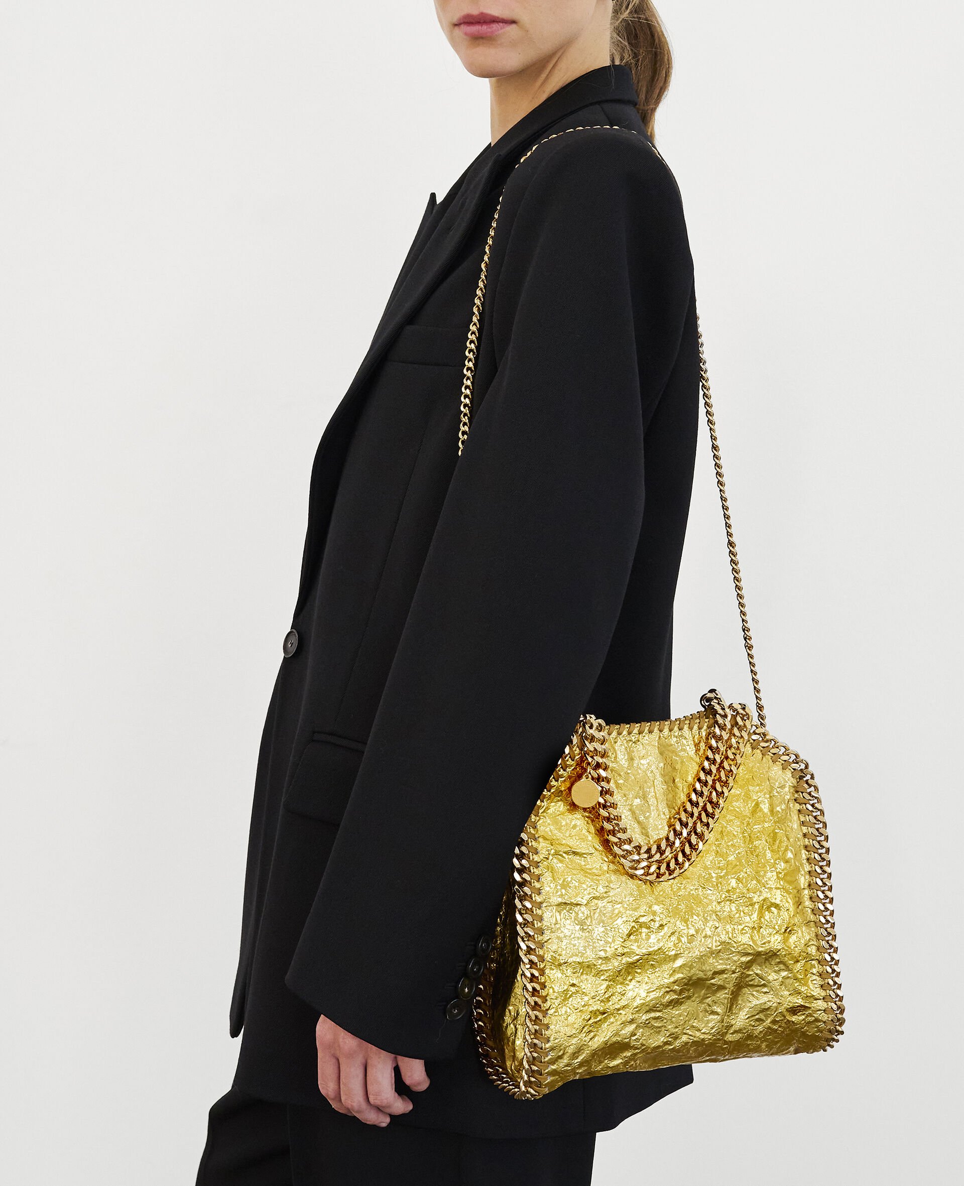 Crinkled Metallic Falabella Mini Tote Bag-Gold-model