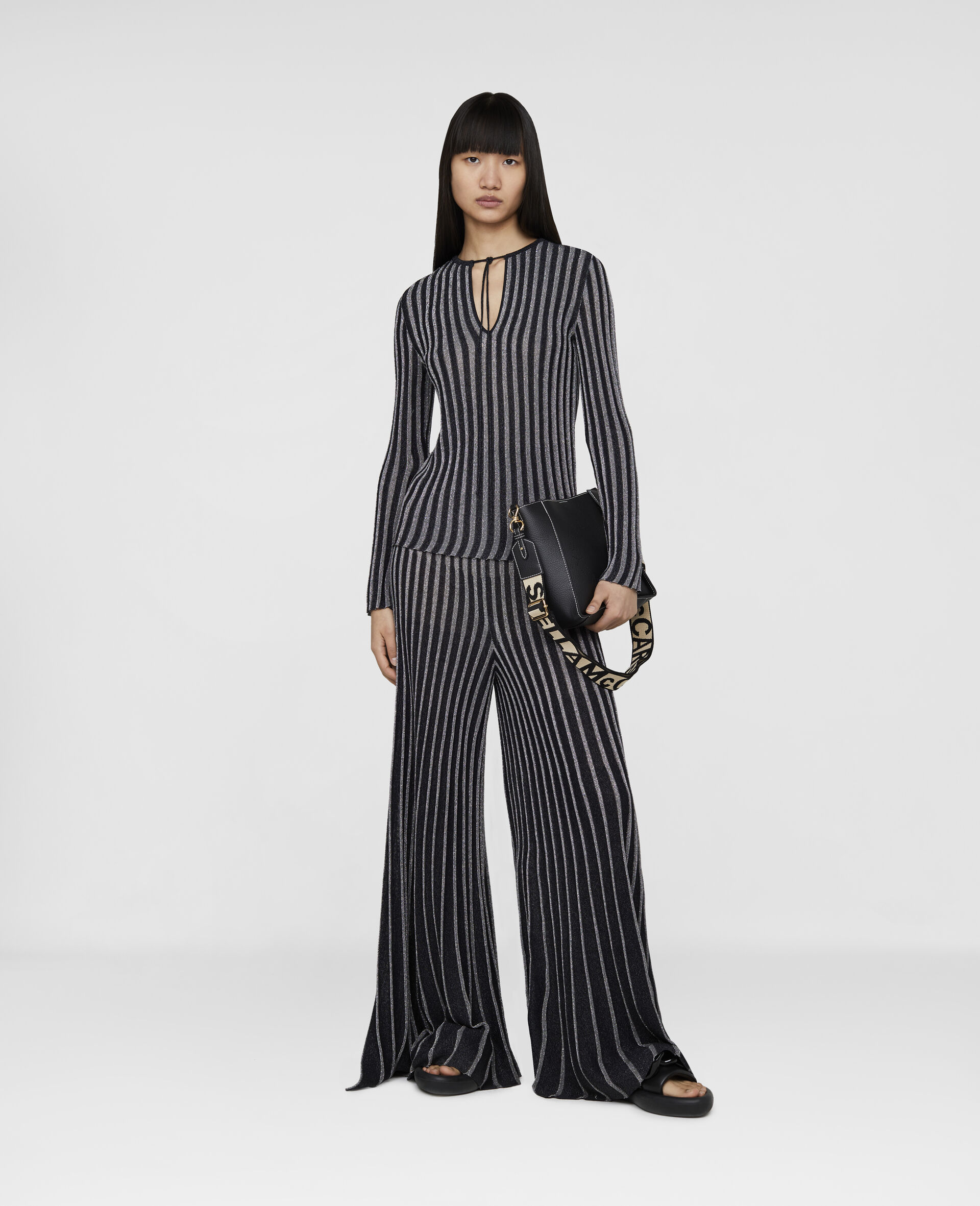 Pinstripe Pleated Knitted Trousers-Black-large image number 1