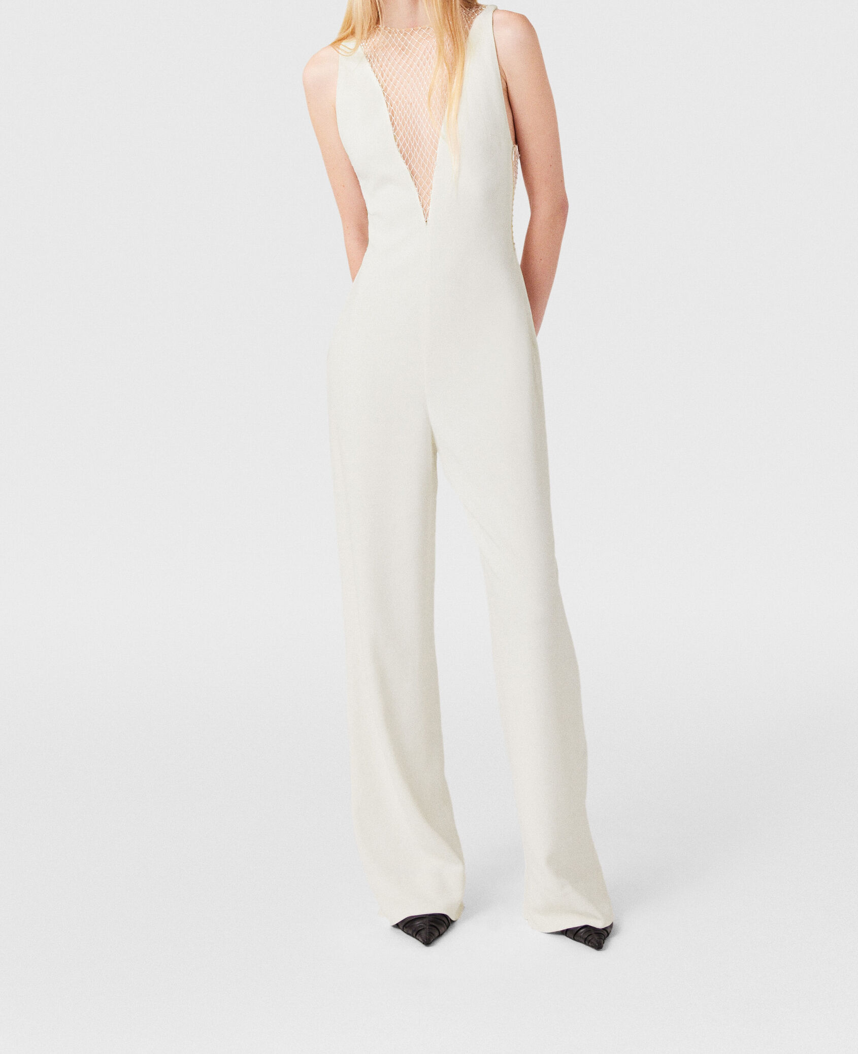 Women Pure white Crystal Mesh Deep V Jumpsuit | Stella
