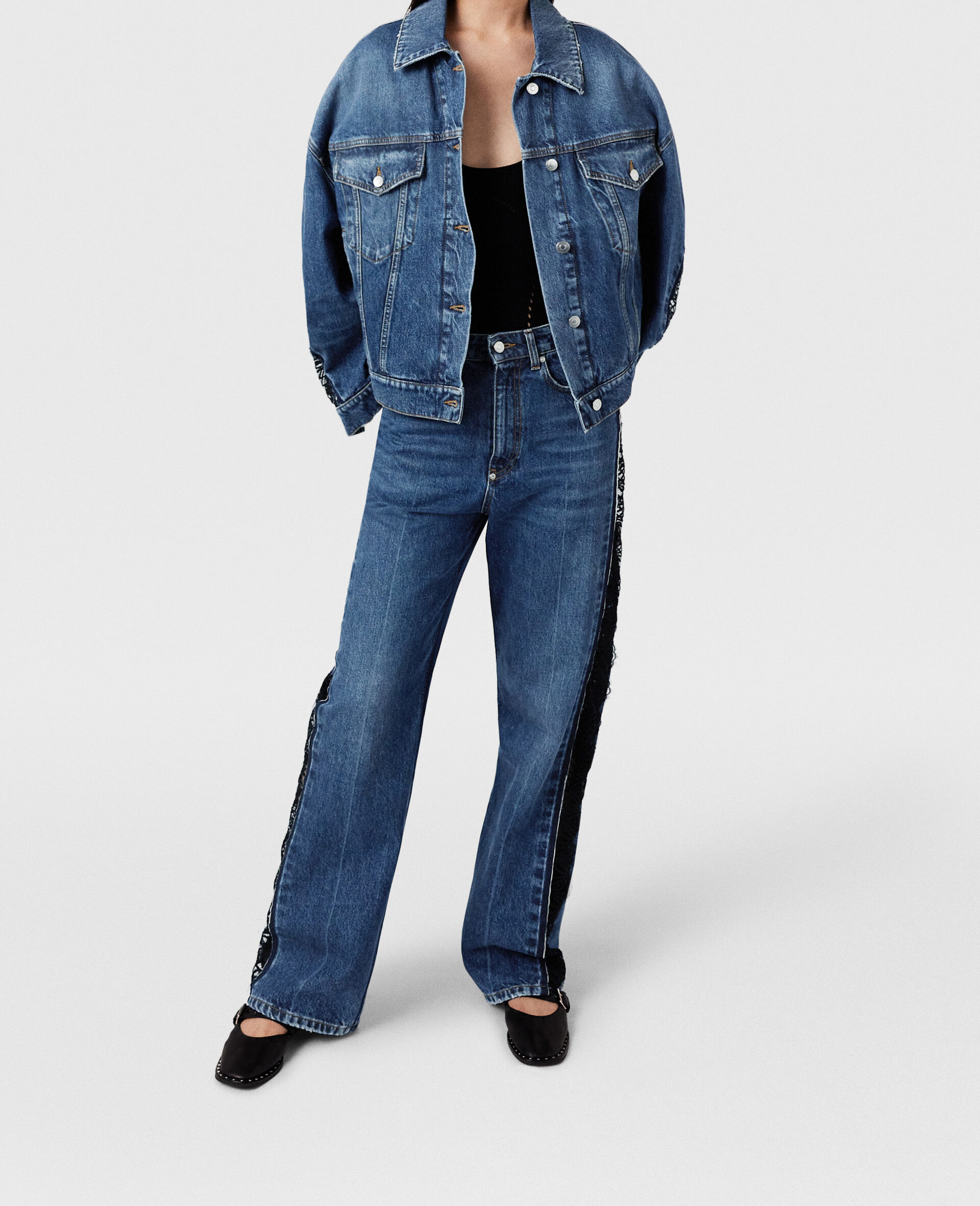 Lace-Insert Denim Jacket-Blue-large image number 6