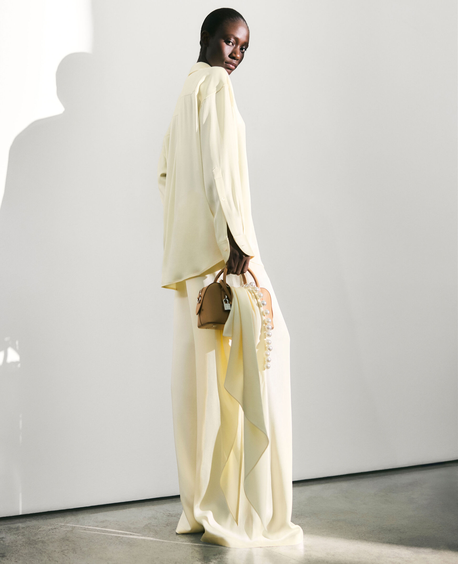 Oversized Pearl-Button Satin Shirt-Yellow-large image number 2