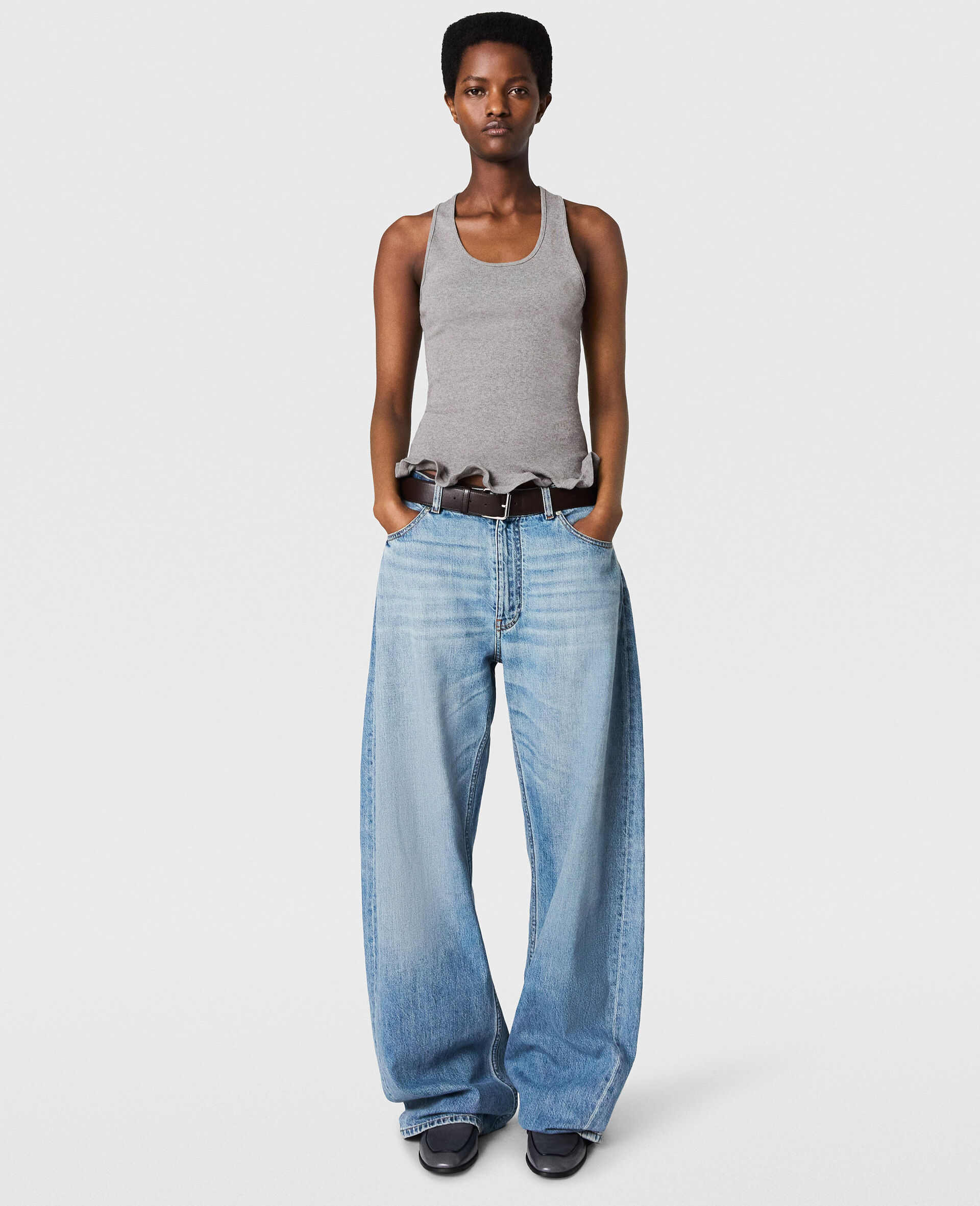 Frilled Hem Ribbed Tank Top-Grey-large image number 4