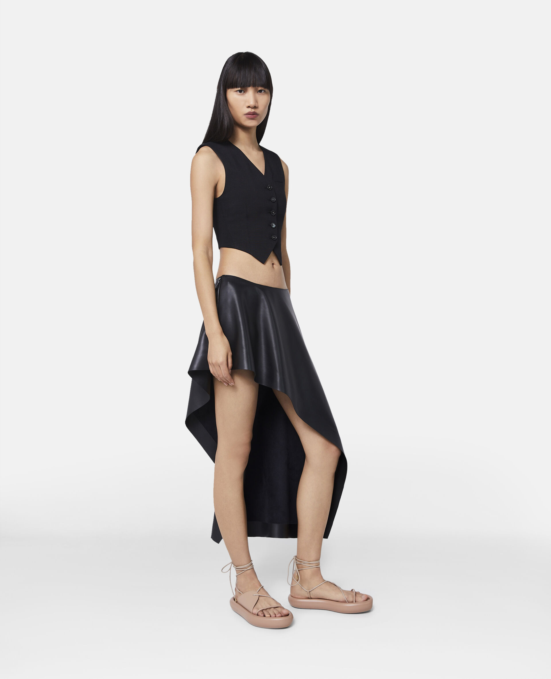 Satin Asymmetric Skirt-Black-large image number 1
