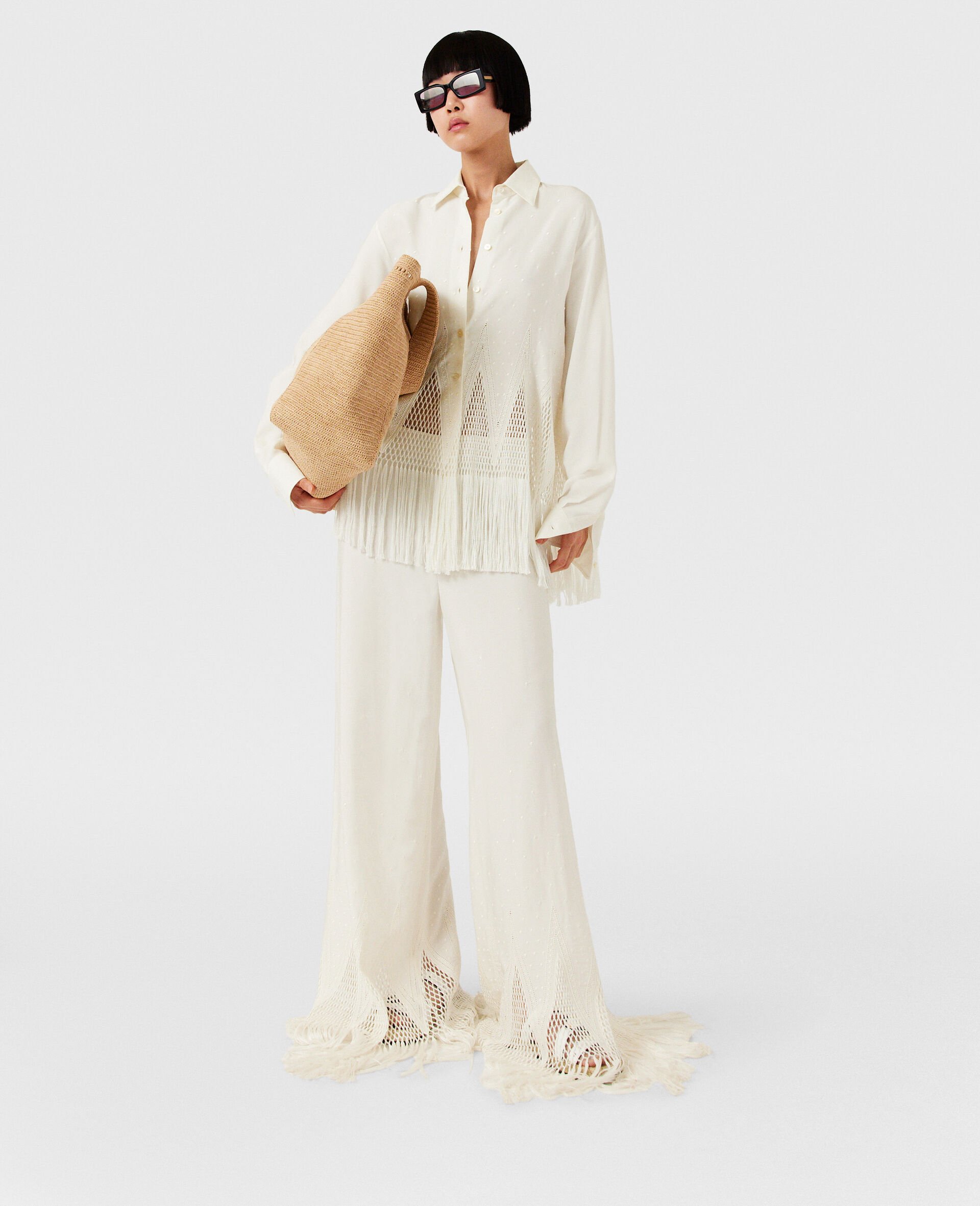 Open-Knit Fringe Wide-Leg Trousers-Cream-large image number 1