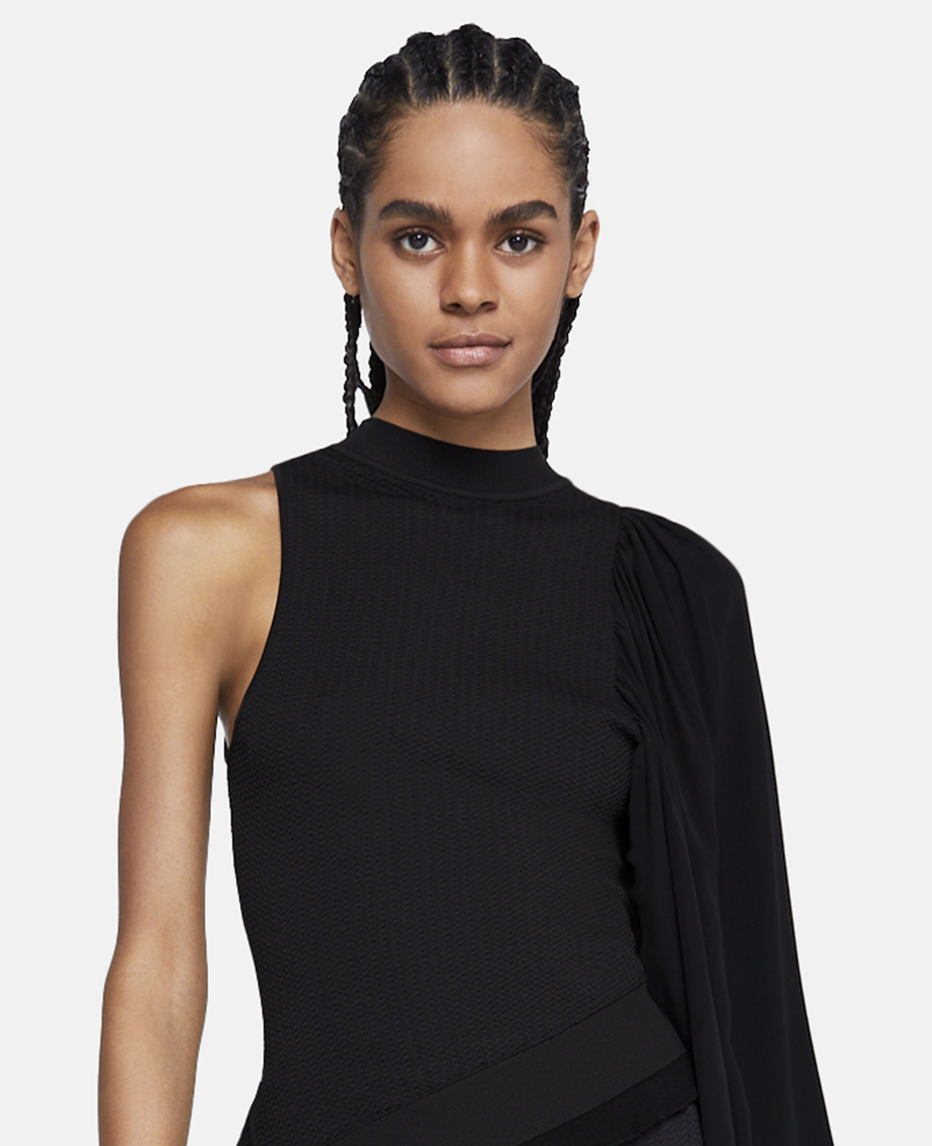Silk Sleeve Rib-Knit Top-Black-large image number 3