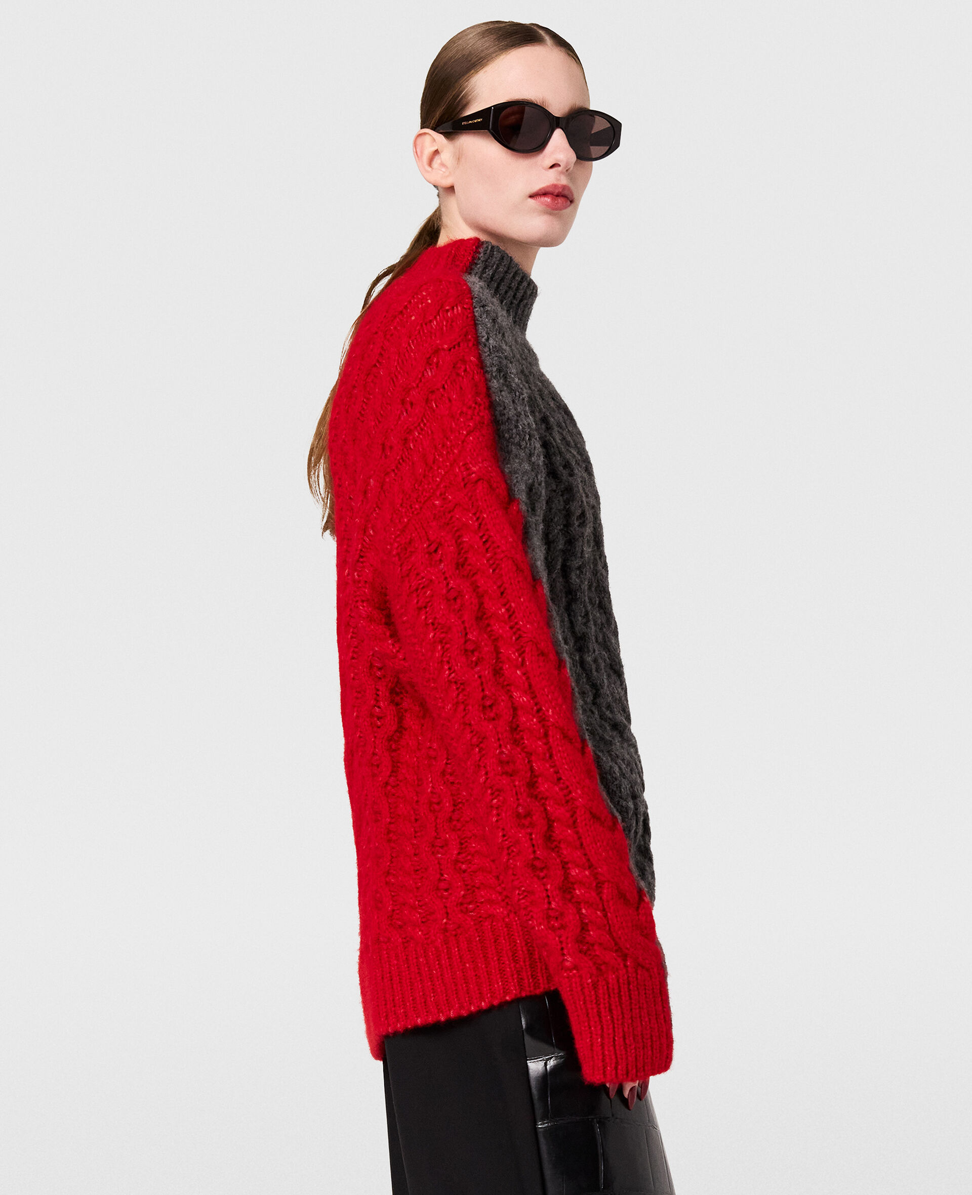 Laced Sleeves Cableknit Turtleneck Sweater-Red-large image number 2