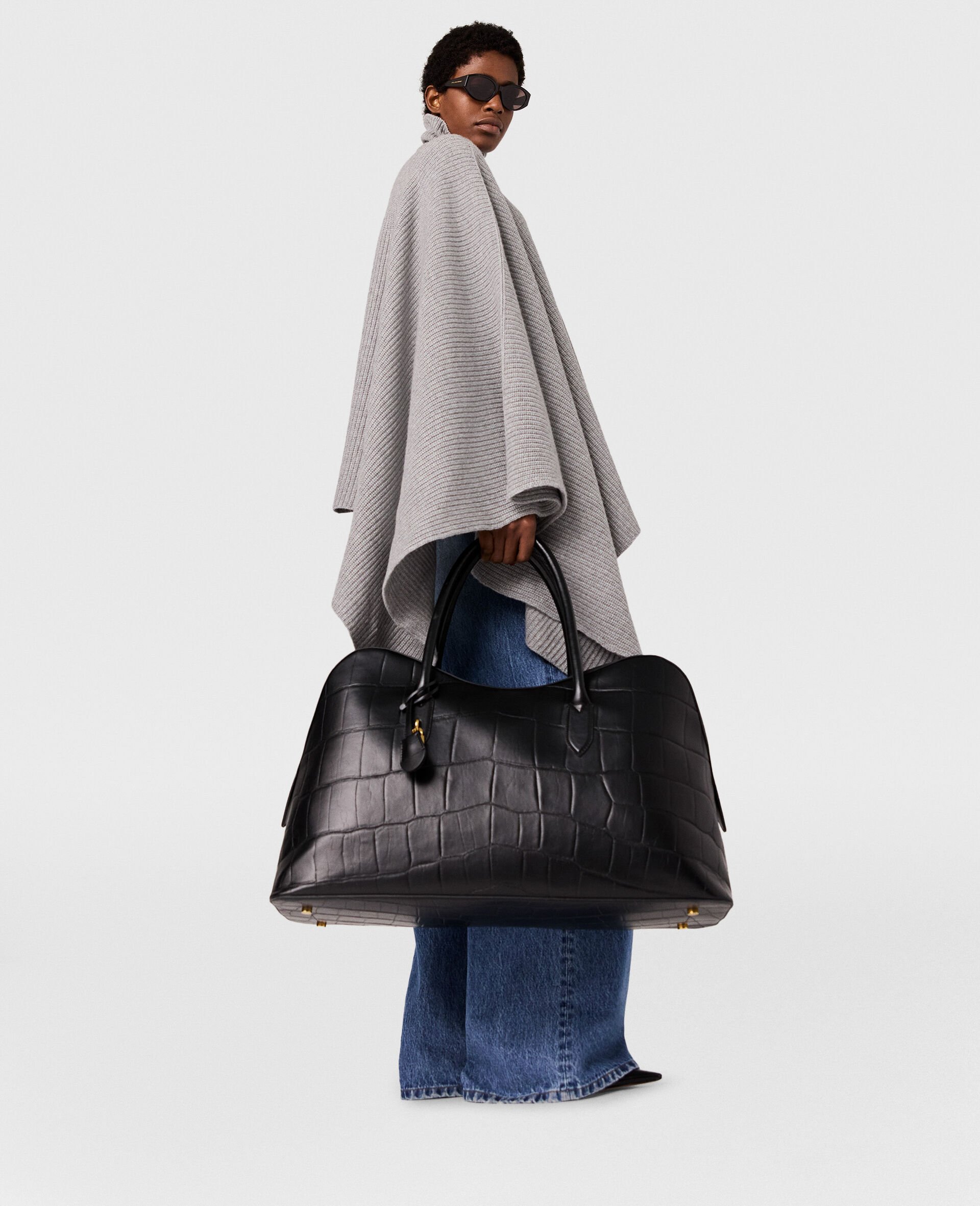 Knit Asymmetric Turtleneck Poncho-Grey-model
