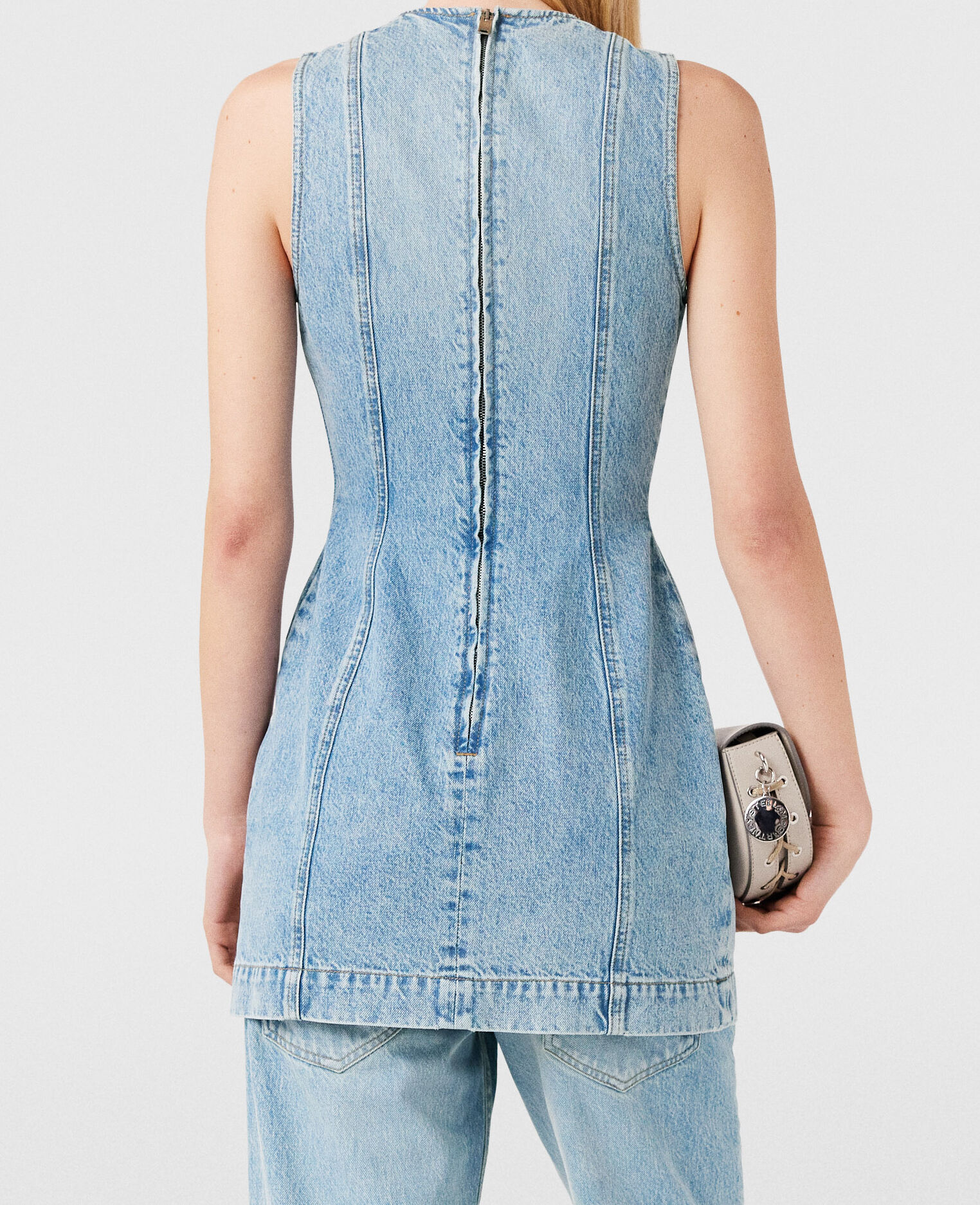 Women Light wash blue Clasp-Embellished Sleeveless Mini Women Light wash blue Clasp-Embellished Sleeveless Mini