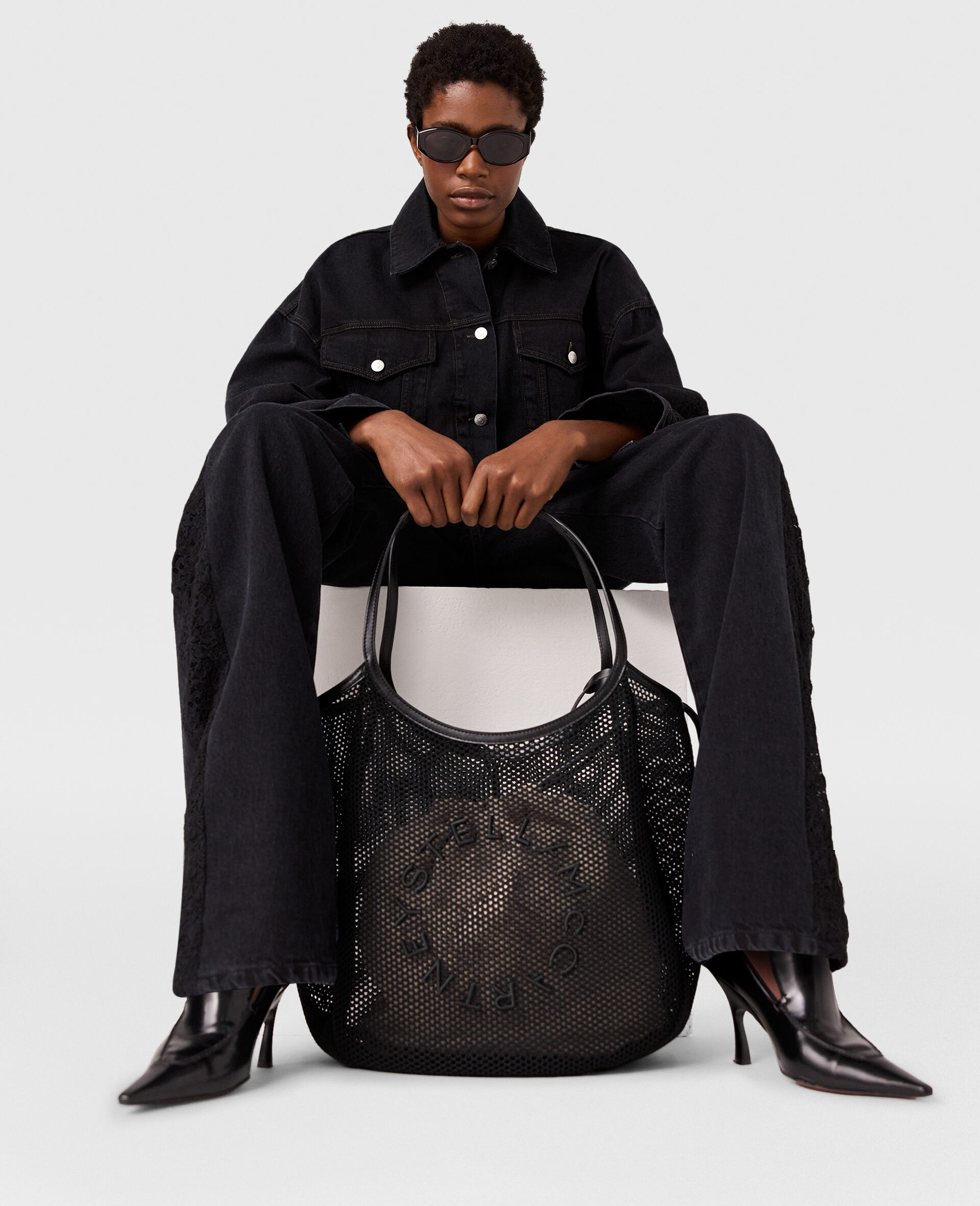 Jeans a Vita Alta con Gamba Dritta in Pizzo-Nero-large image number 5