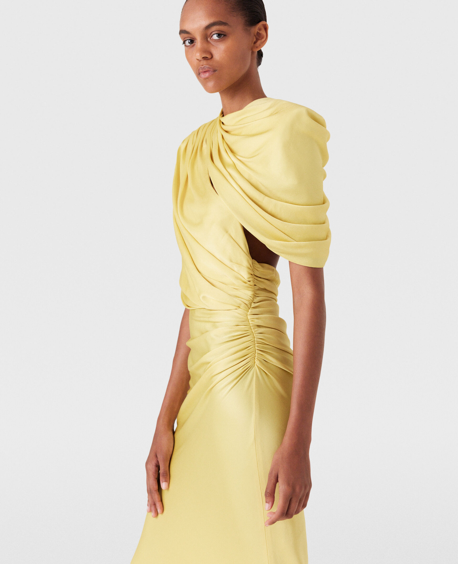 Satin Wrapped Short-Sleeve Maxi Dress-Yellow-large image number 4