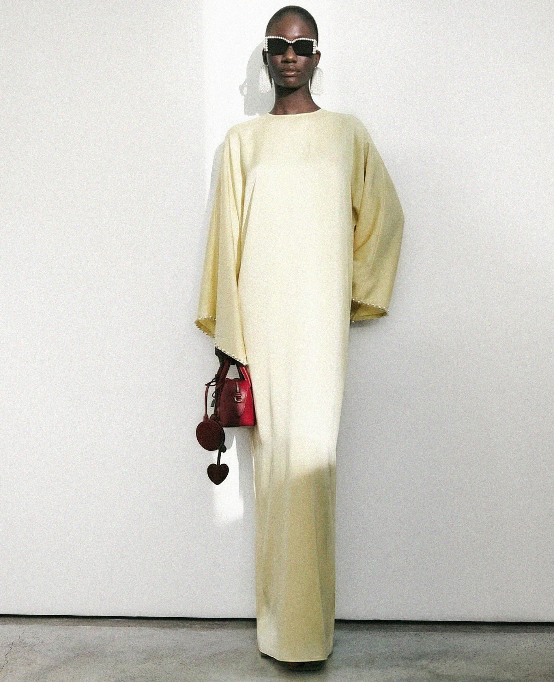 Pearl-Embellished Satin Maxi Dress-Yellow-medium