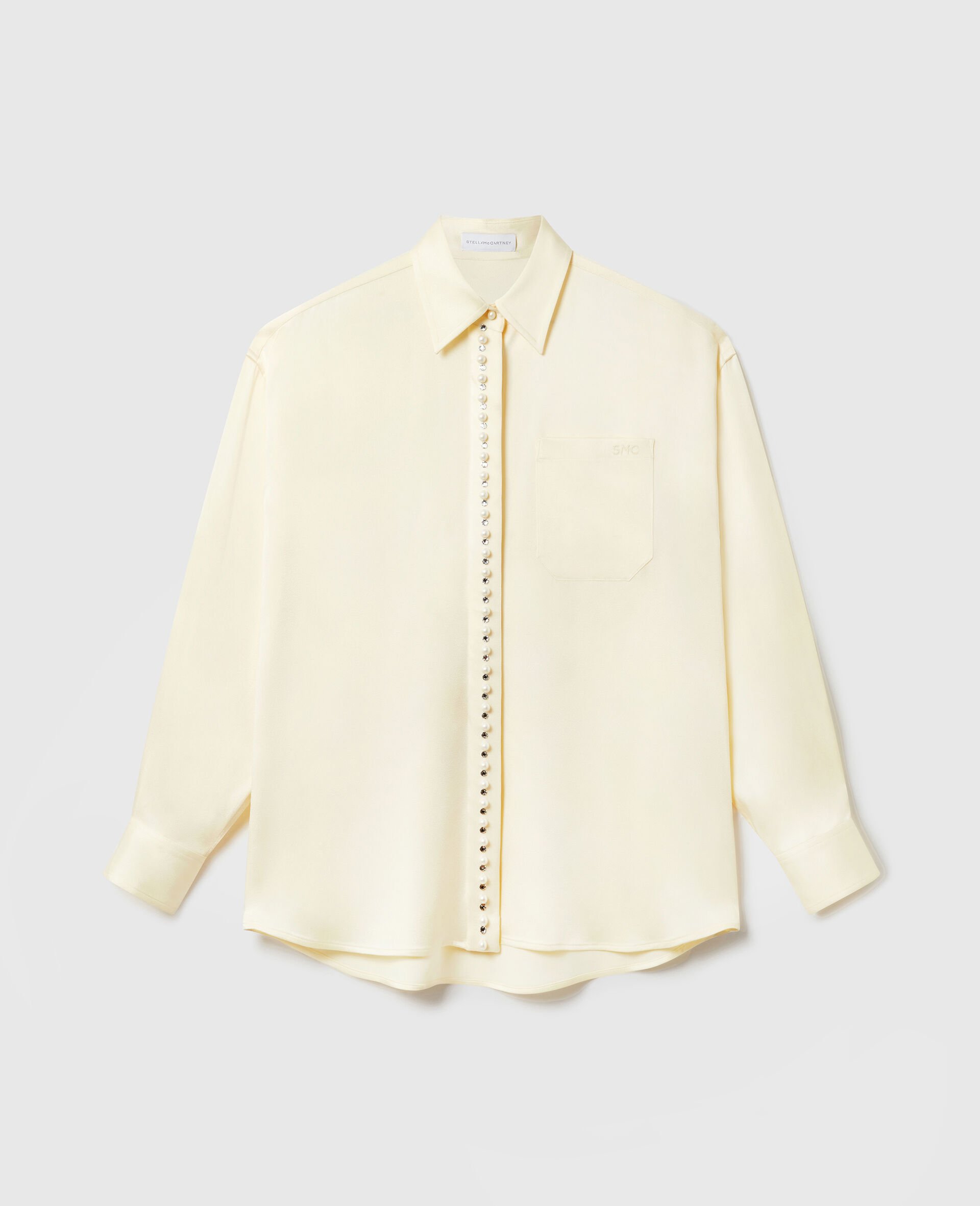 Oversized Pearl-Button Satin Shirt-Yellow-medium