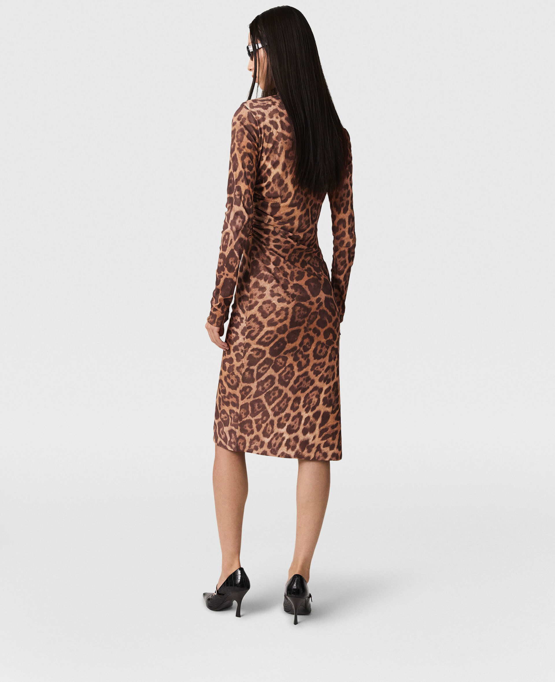 Leopard Long-Sleeve Midi Dress-棕色-large image number 4