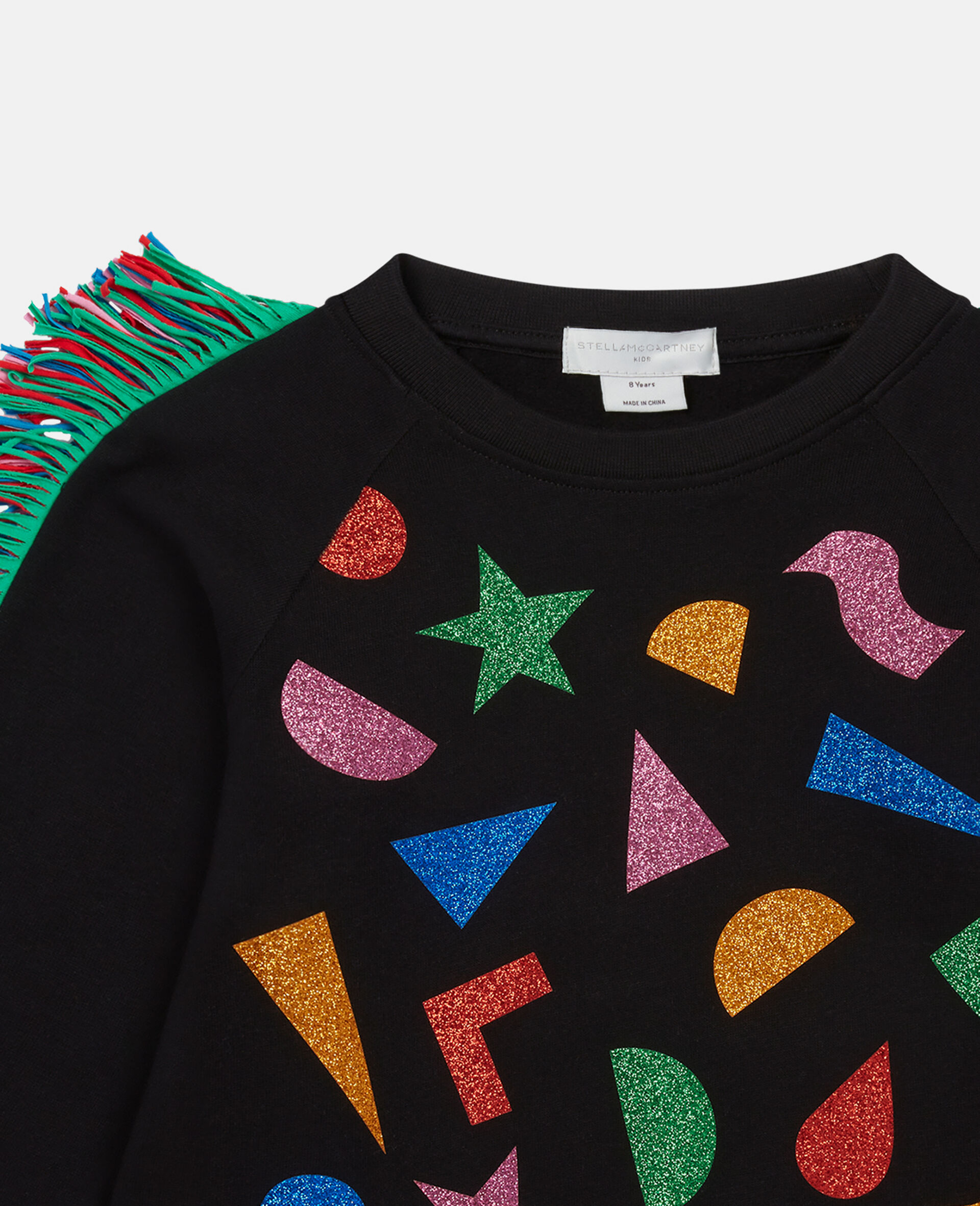 Girls Black Glitter Patch Fringe Cotton Fleece Sweatshirt Stella