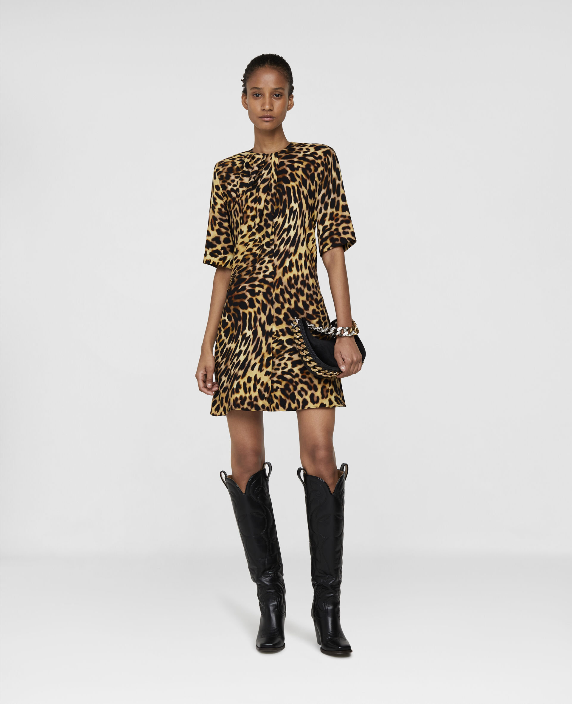 Falabella Chain Cheetah Mini Dress-Brown-large image number 1