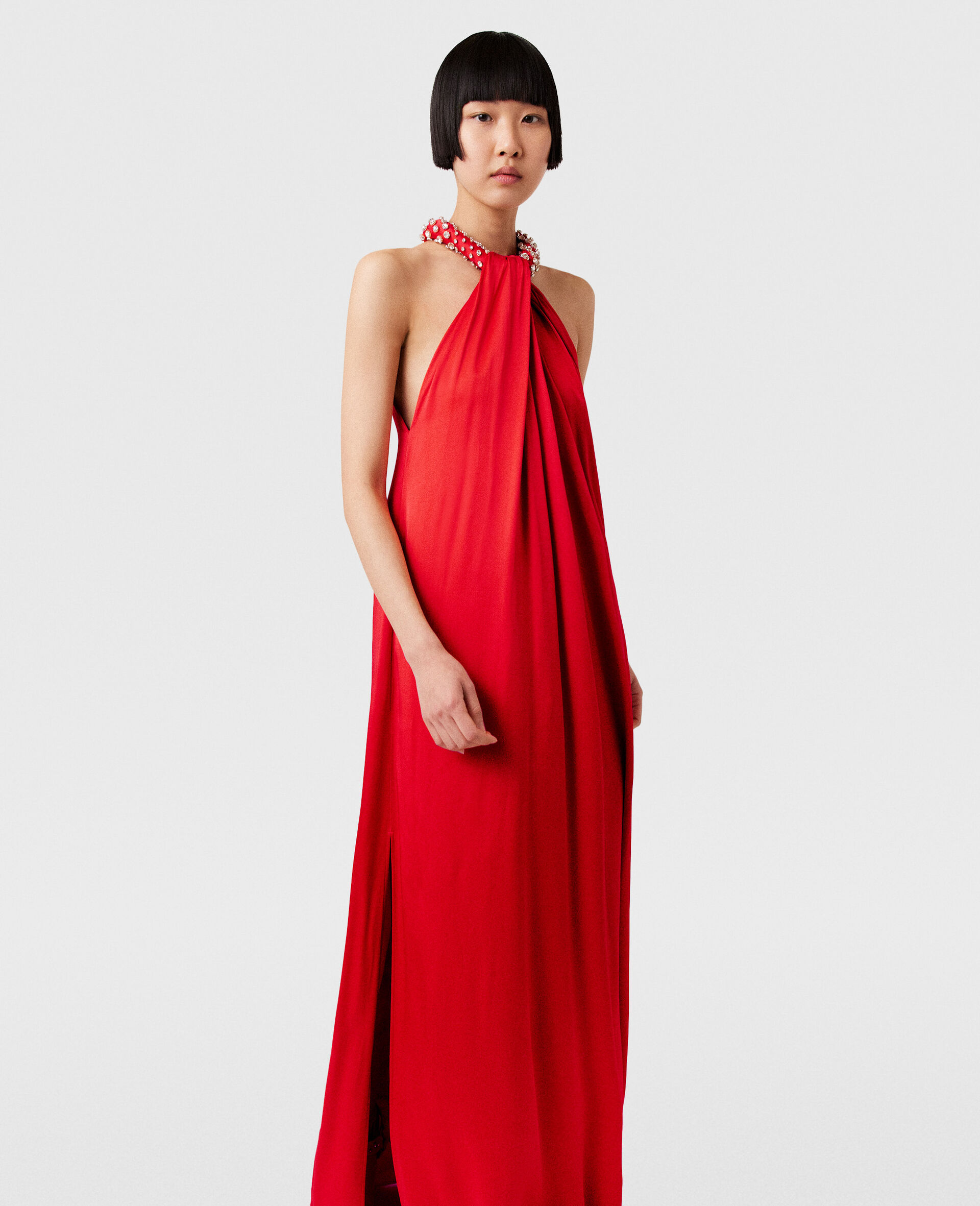 Crystal Halterneck Satin Maxi Dress-Red-large image number 2