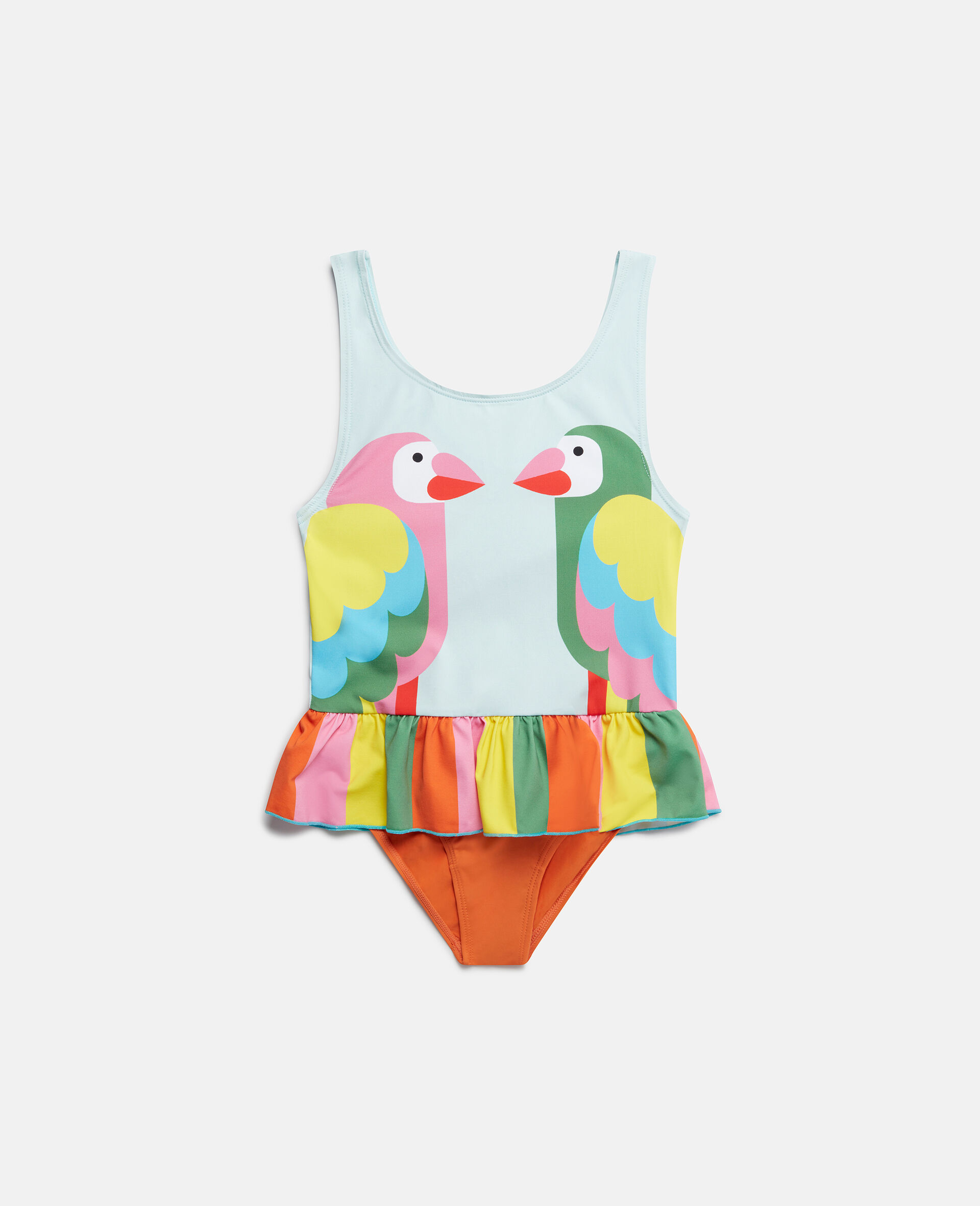 Double Parrot Print Frill Swimsuit-Blue-large image number 0