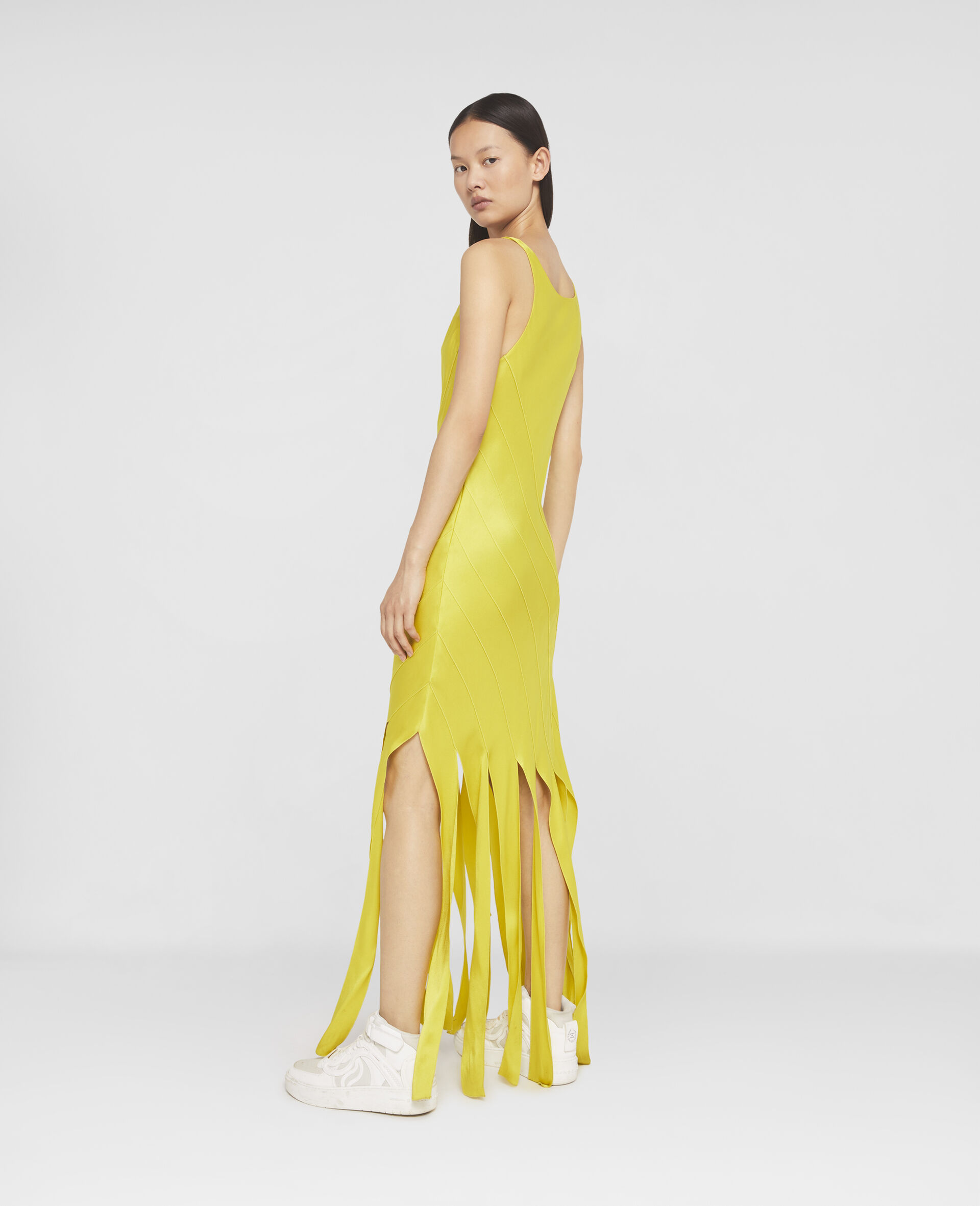 Fringed Hem Double Satin Evening Dress-Green-large image number 2