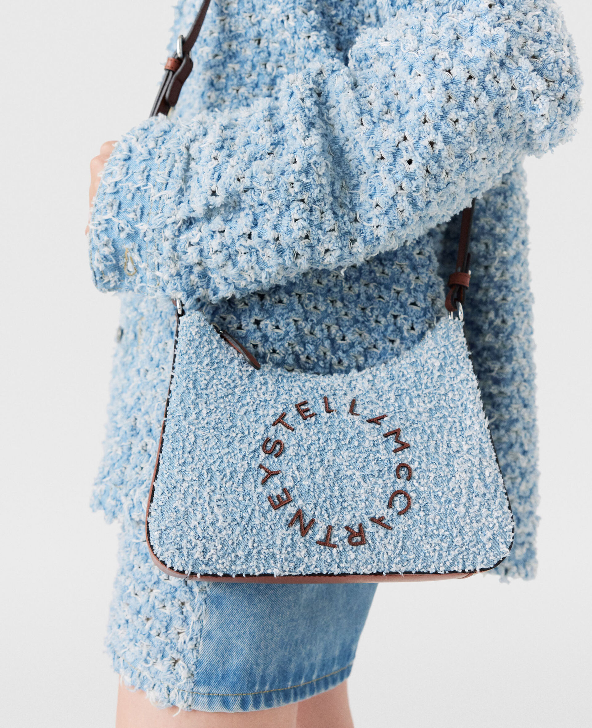 Logo Denim Bouclé Crossbody Shoulder Bag-Blue-large image number 6
