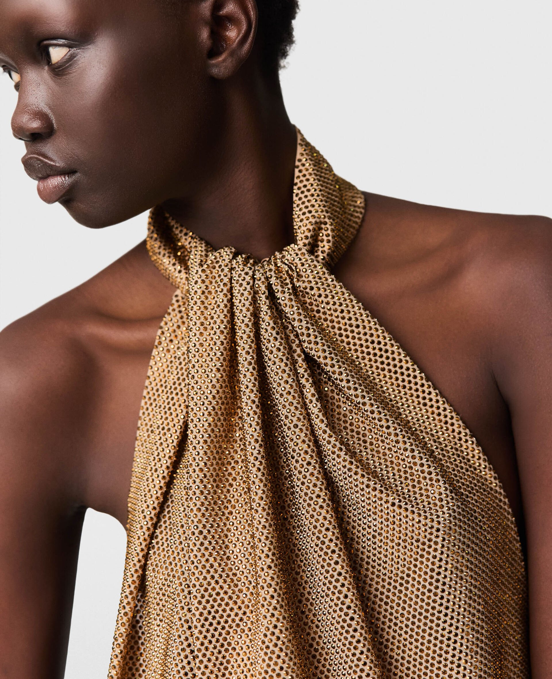 Halterneck Panel Rhinestone Embellished Top-Gold-large image number 3