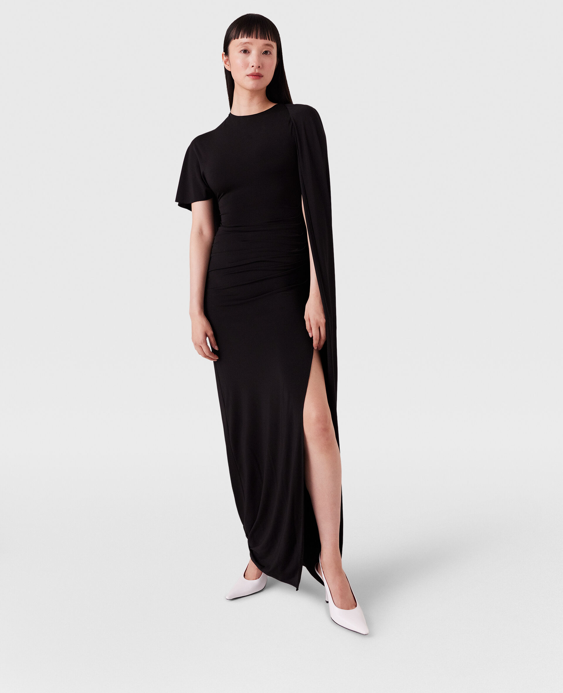 Asymmetric Cape Maxi Dress-Black-medium