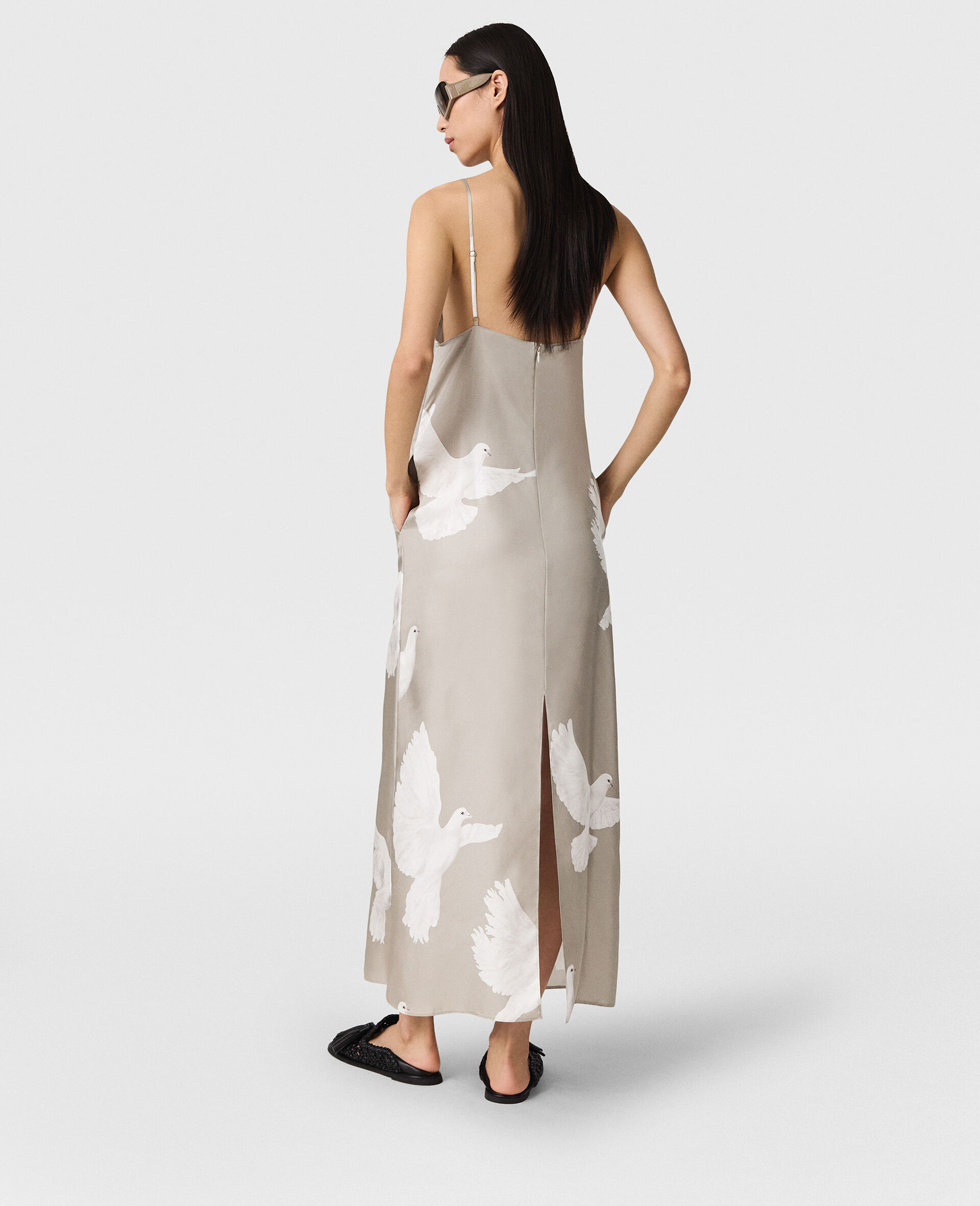 Sleeveless V-Neck Dove Print Midi Dress-Beige-large image number 4