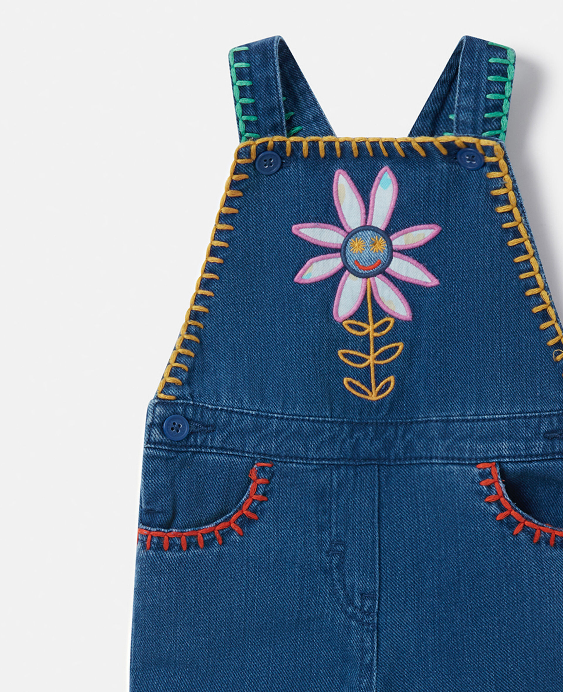 Smiling Flower Denim Dungarees-Blue-large image number 1