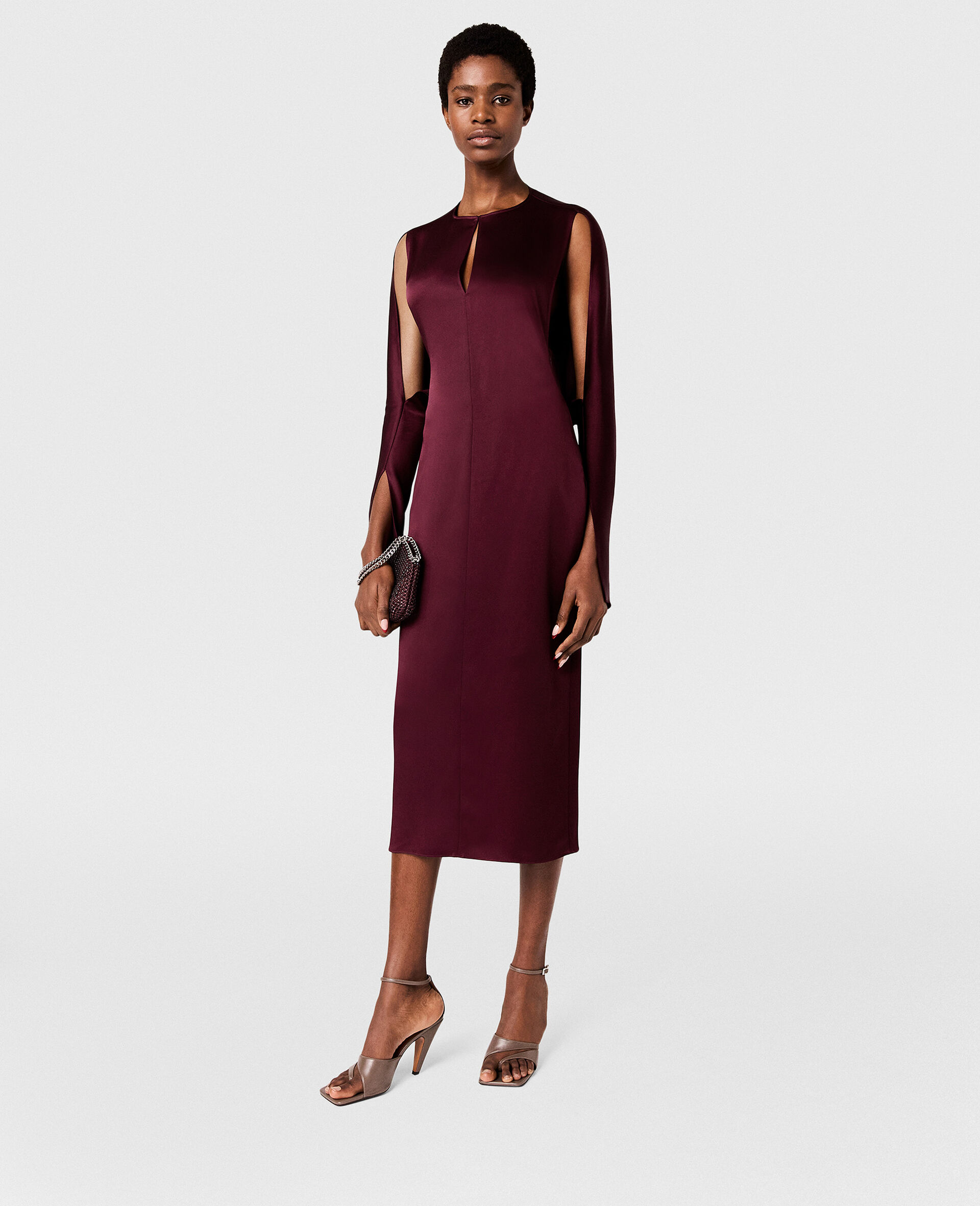 Cape-Sleeve Cut-Out Satin Midi Dress-Red-model