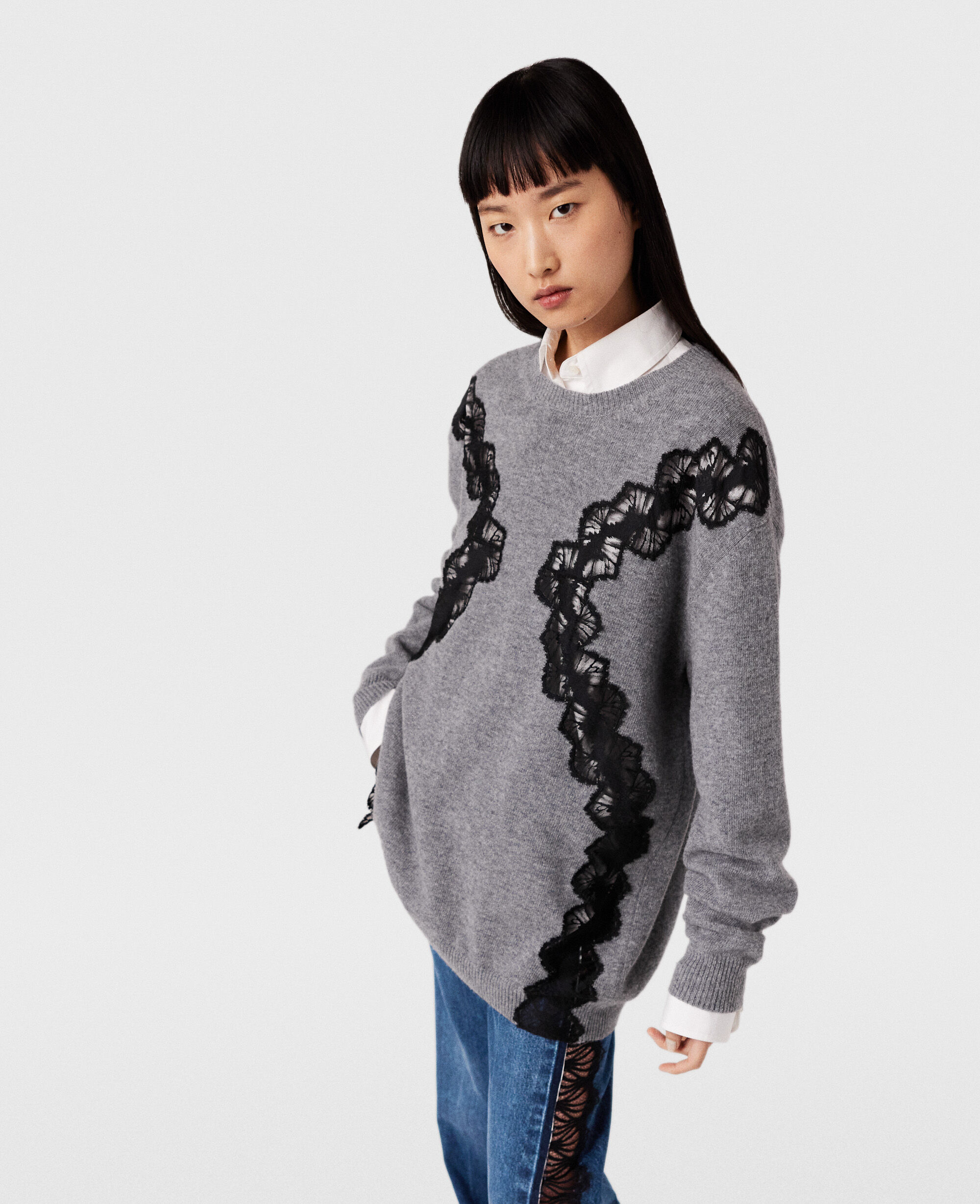 Women Grey melange Lace Insert Long Sleeve Jumper | Stella McCartney CZ