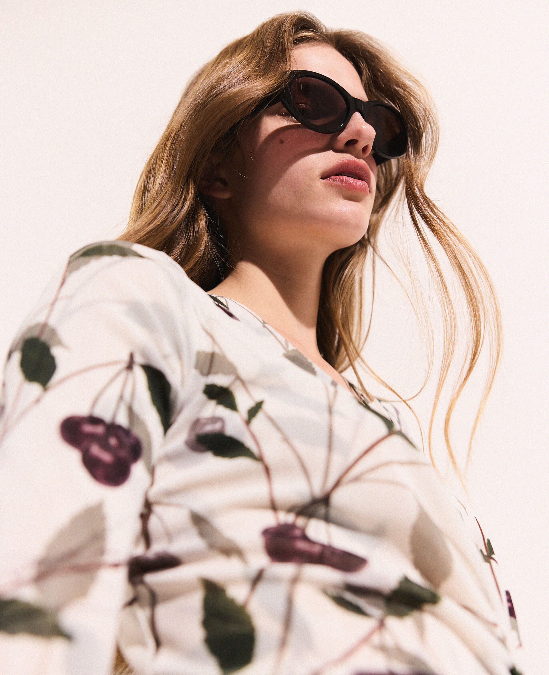 Cherry Print Mesh Half Sleeve Midi Dress-Beige-large image number 6