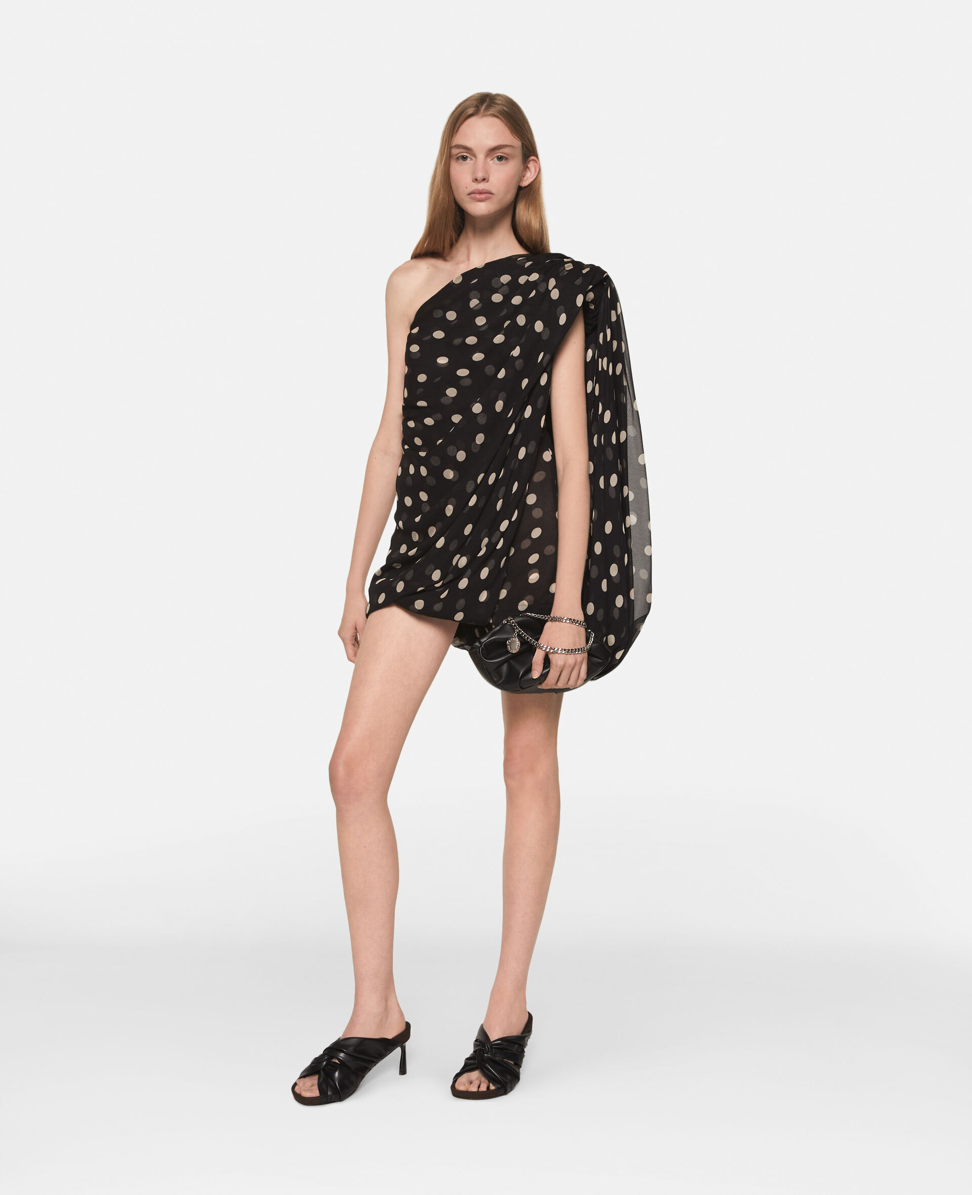 Asymmetric Polka Dot Silk Mini Dress-Black-model