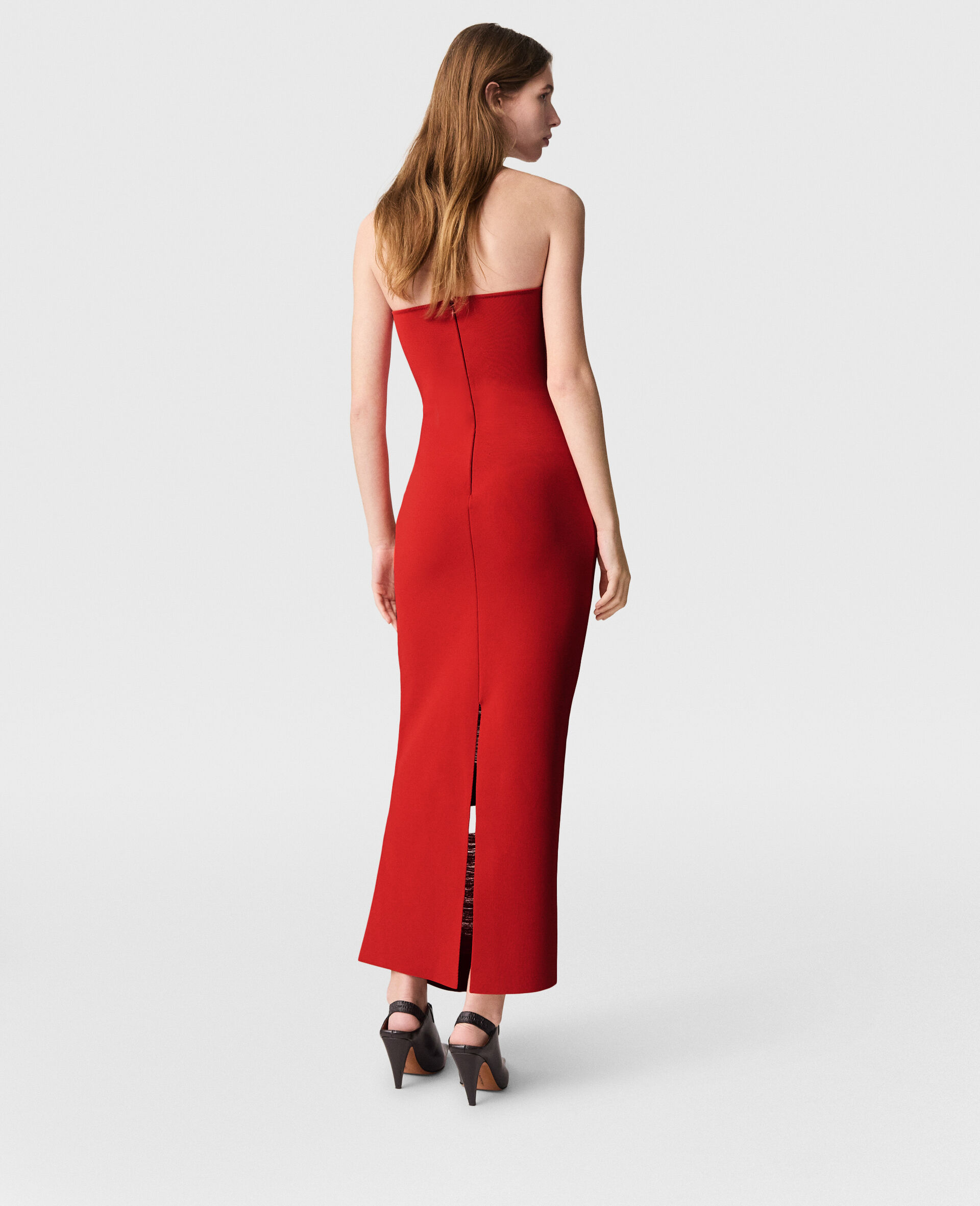 Robe bustier longue en maille compacte decoupee-Rouge-large image number 3