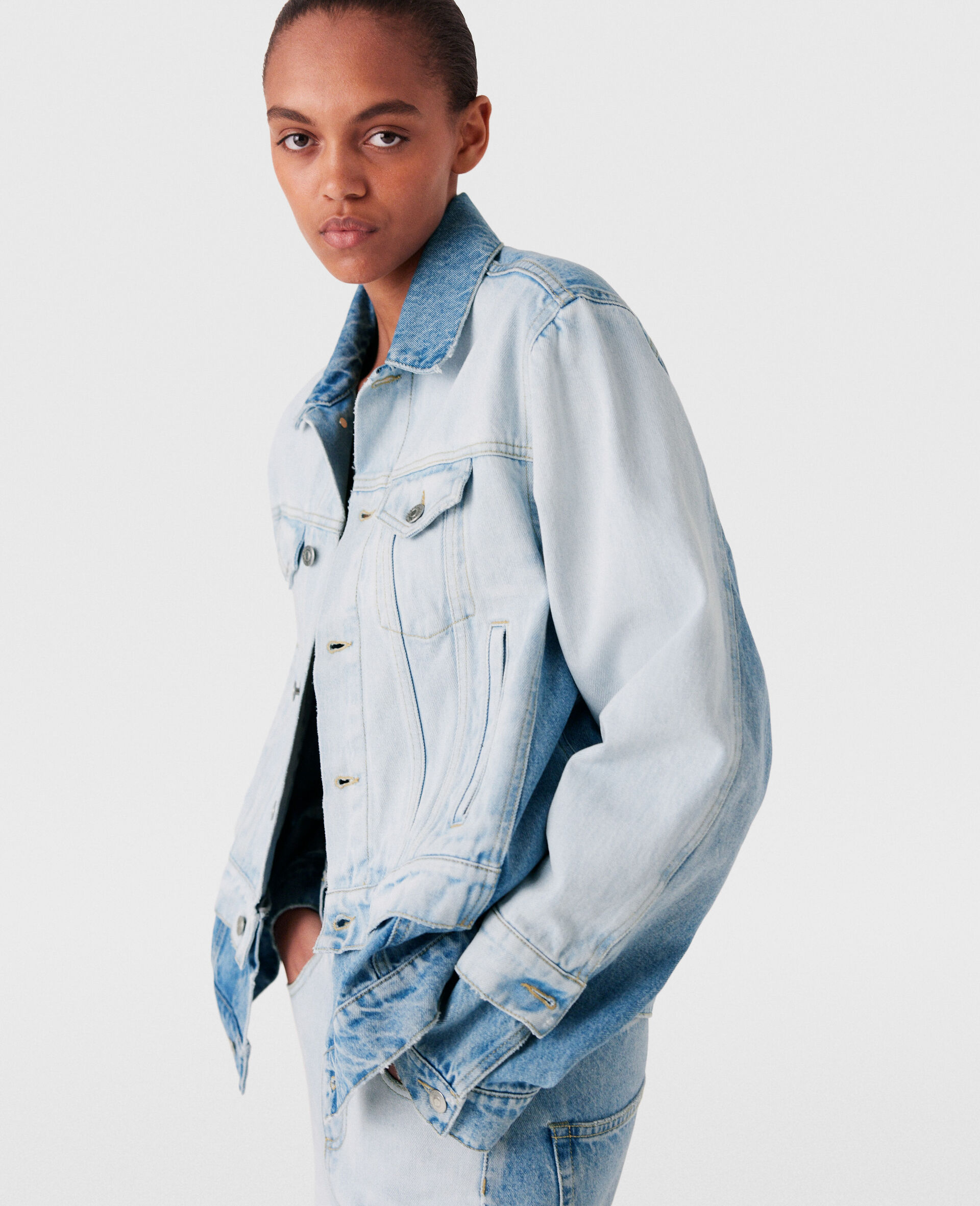 Contrast Panel Denim Jacket-Blue-large image number 2