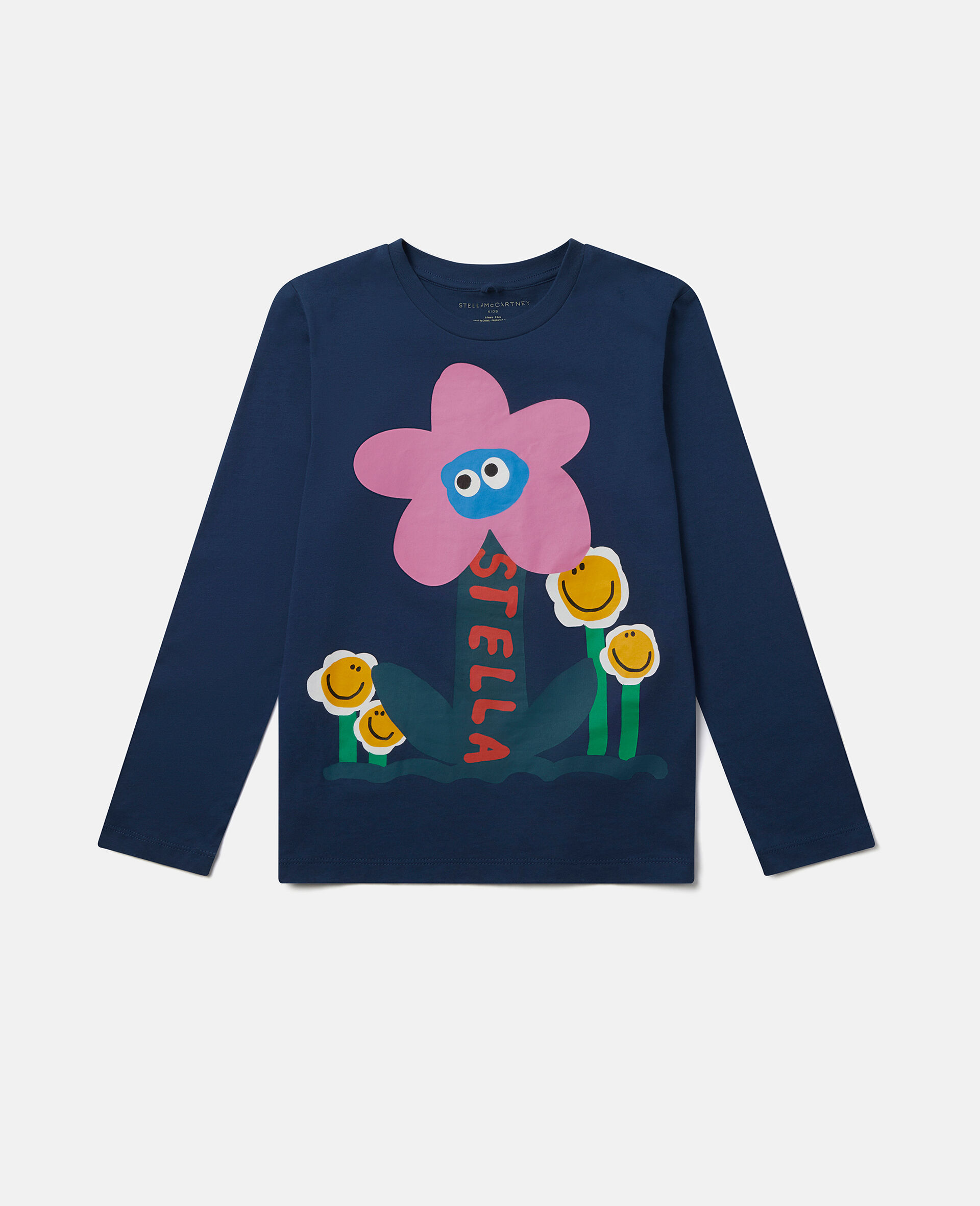 Smiling Flower Motif Long Sleeve T-Shirt-Blue-model Smiling Flower Motif Long Sleeve T-Shirt-Blue-model