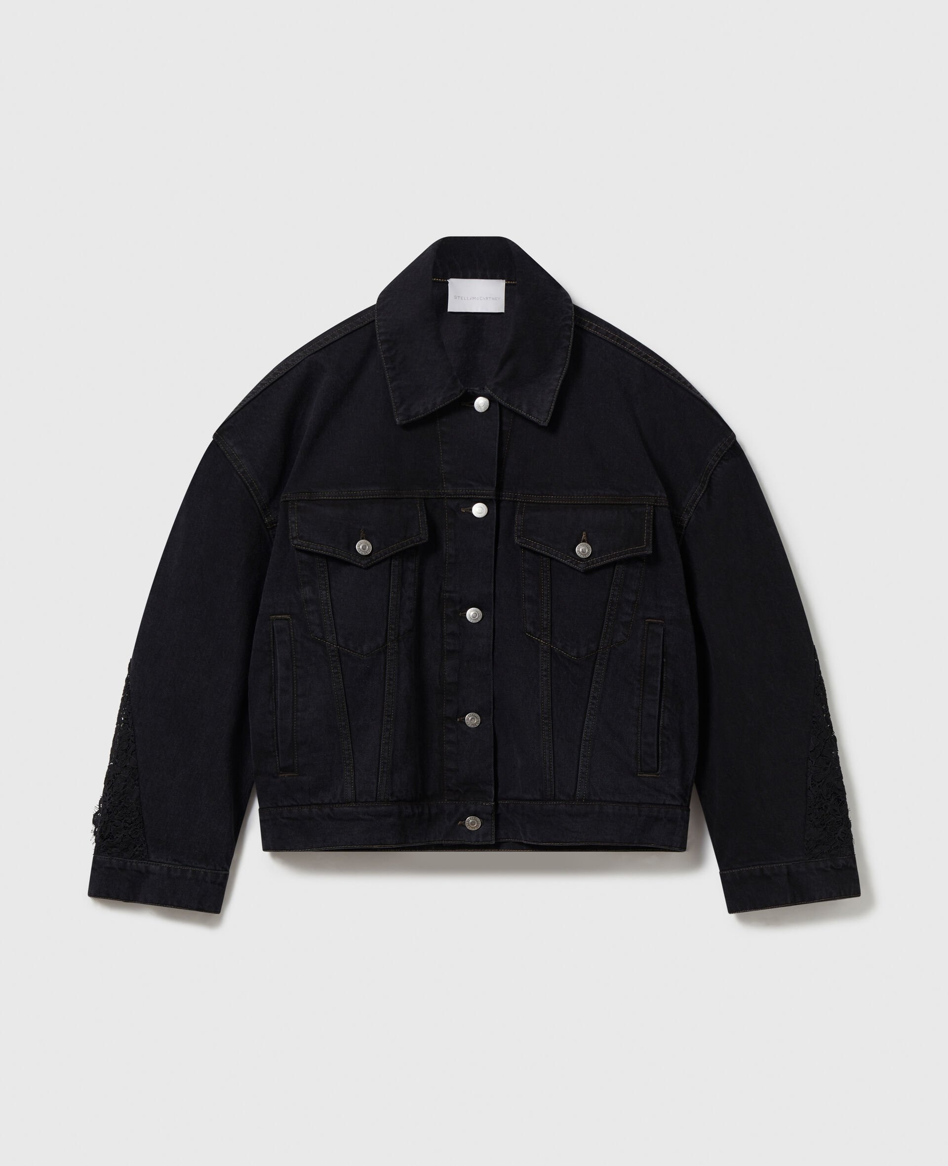 Lace-Insert Panelled Denim Jacket-Black-large image number 0