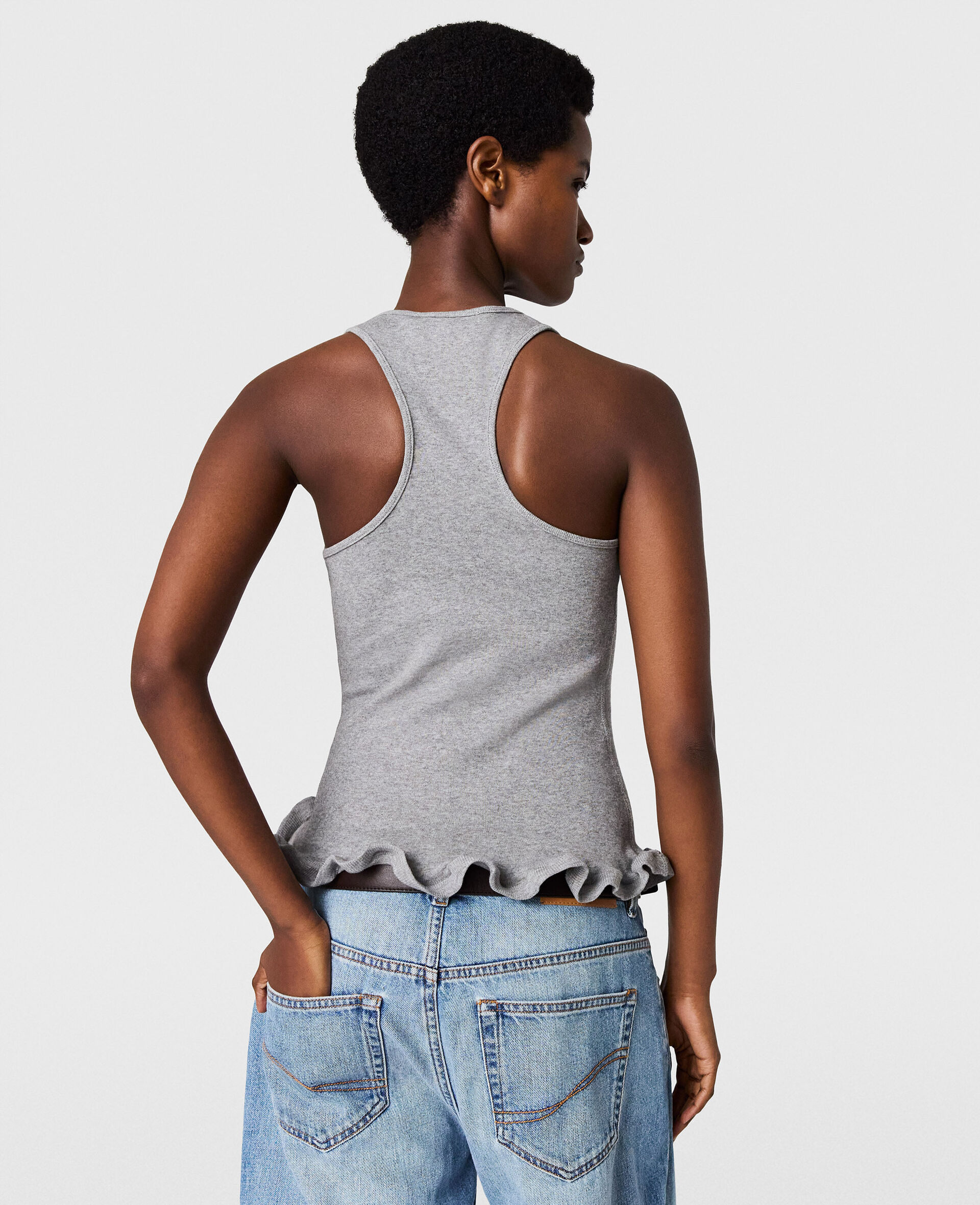 Frilled Hem Ribbed Tank Top-Grey-large image number 3