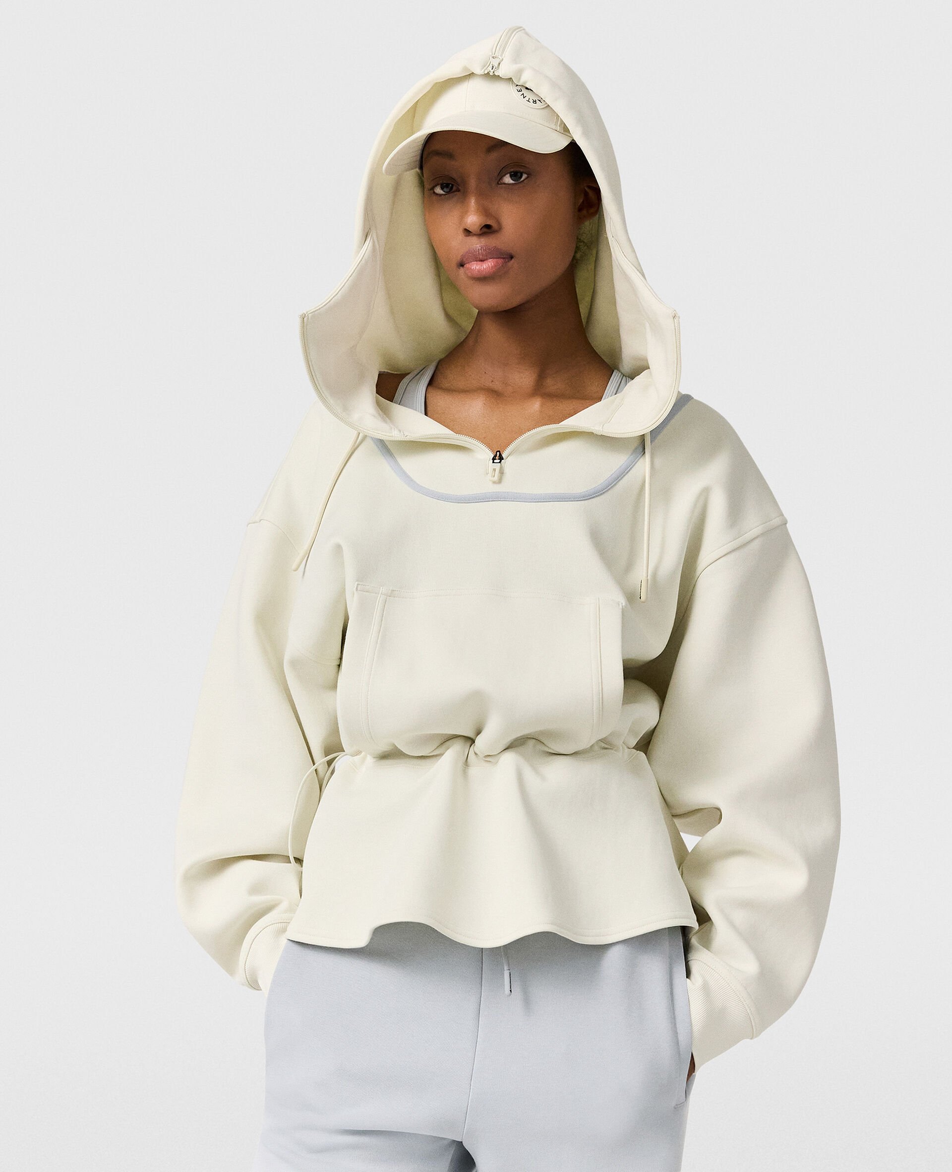 Logo Peplum Hoodie-Beige-model