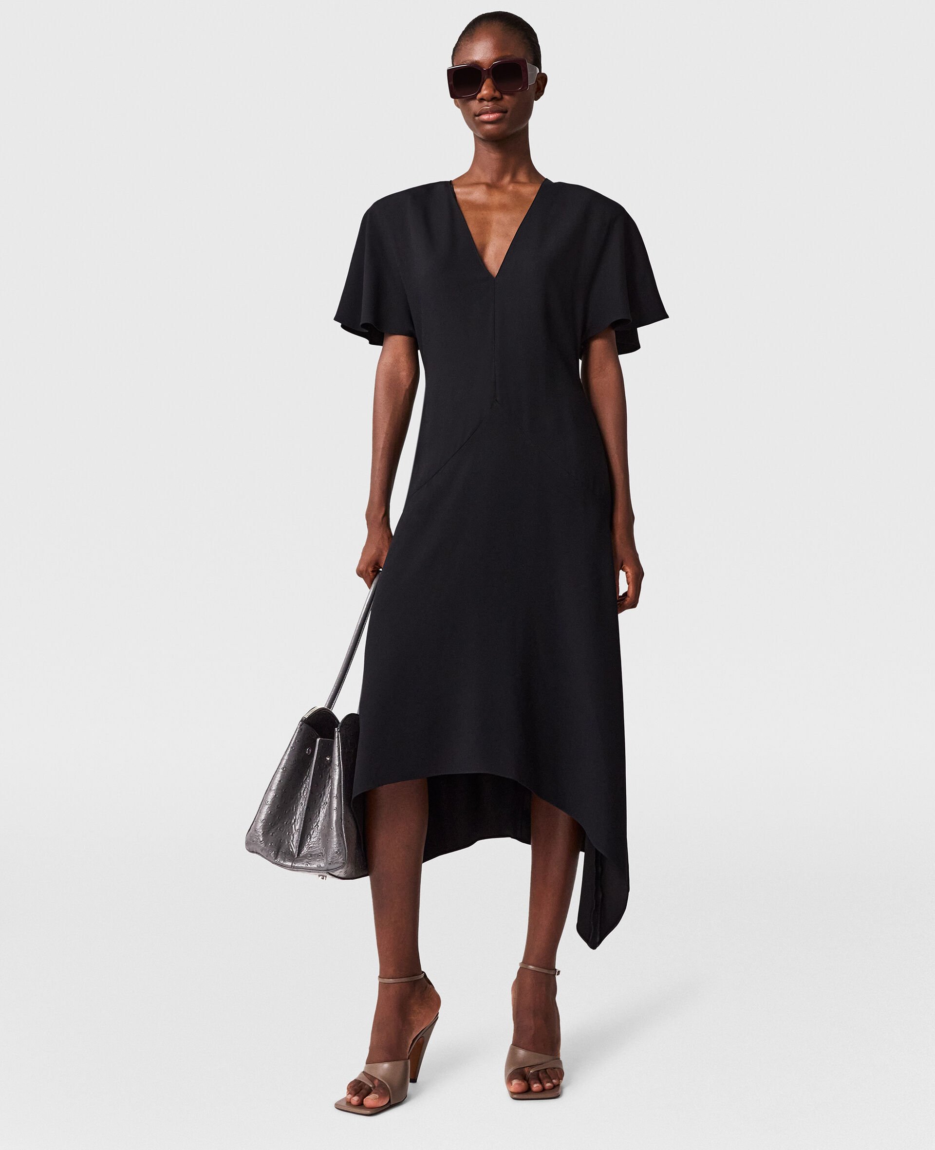 V-Neck Short-Sleeve Satin Midi Dress-Black-medium