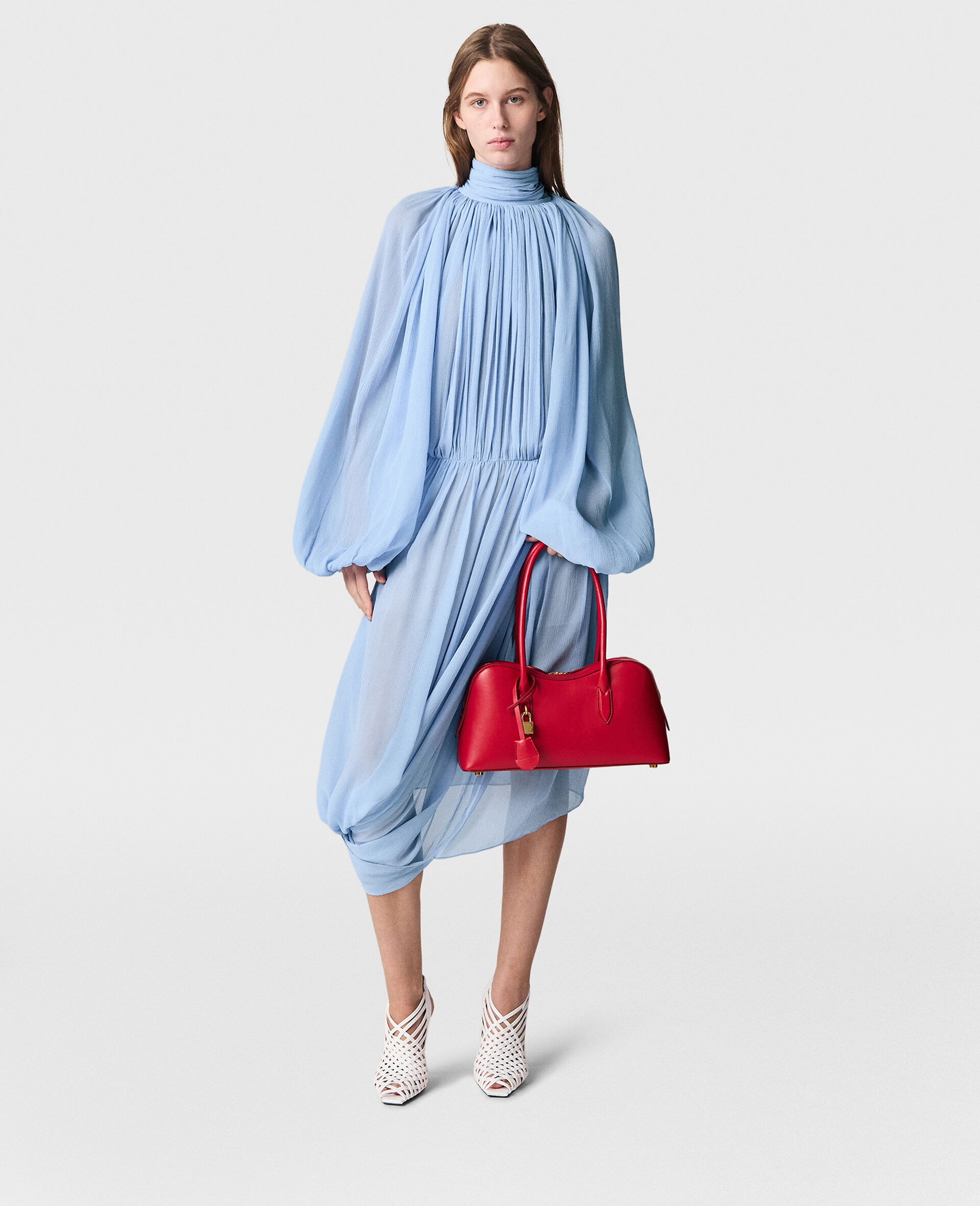 High-Neck Pleated Midi Dress-Blue-large image number 5