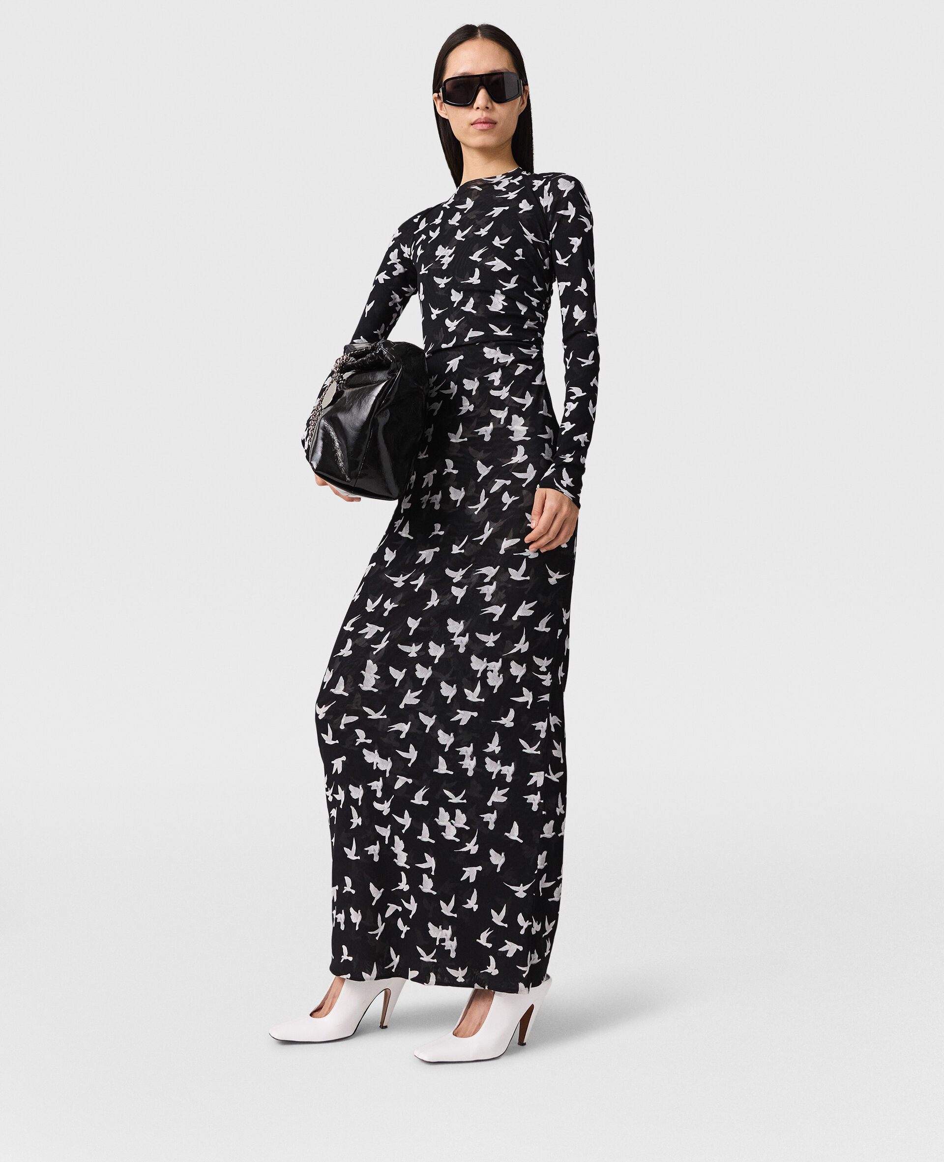 Dove Print Mesh Long-Sleeve Dress-Black-model
