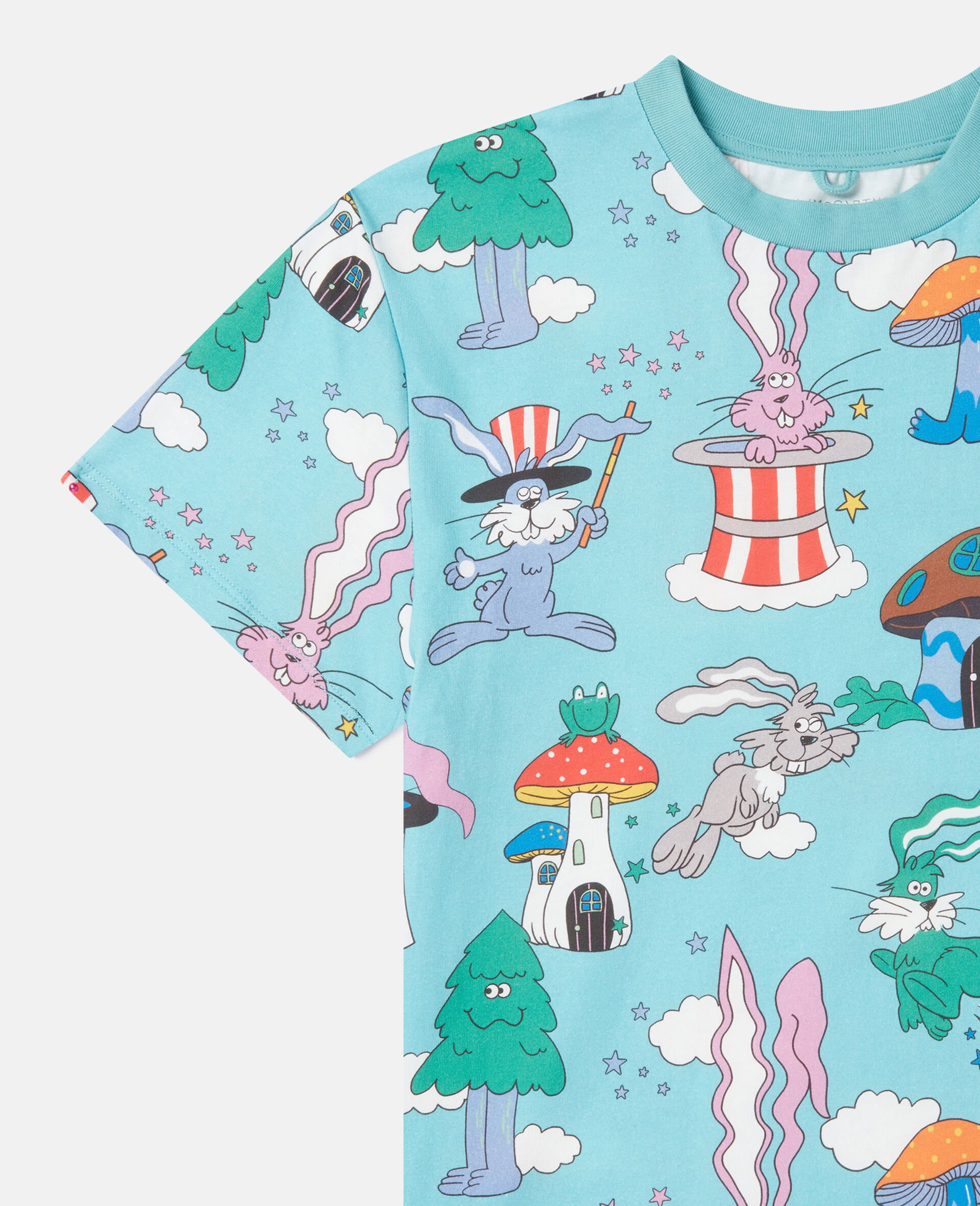Magicians Bunny Print Crewneck T-Shirt-Blue-large image number 1