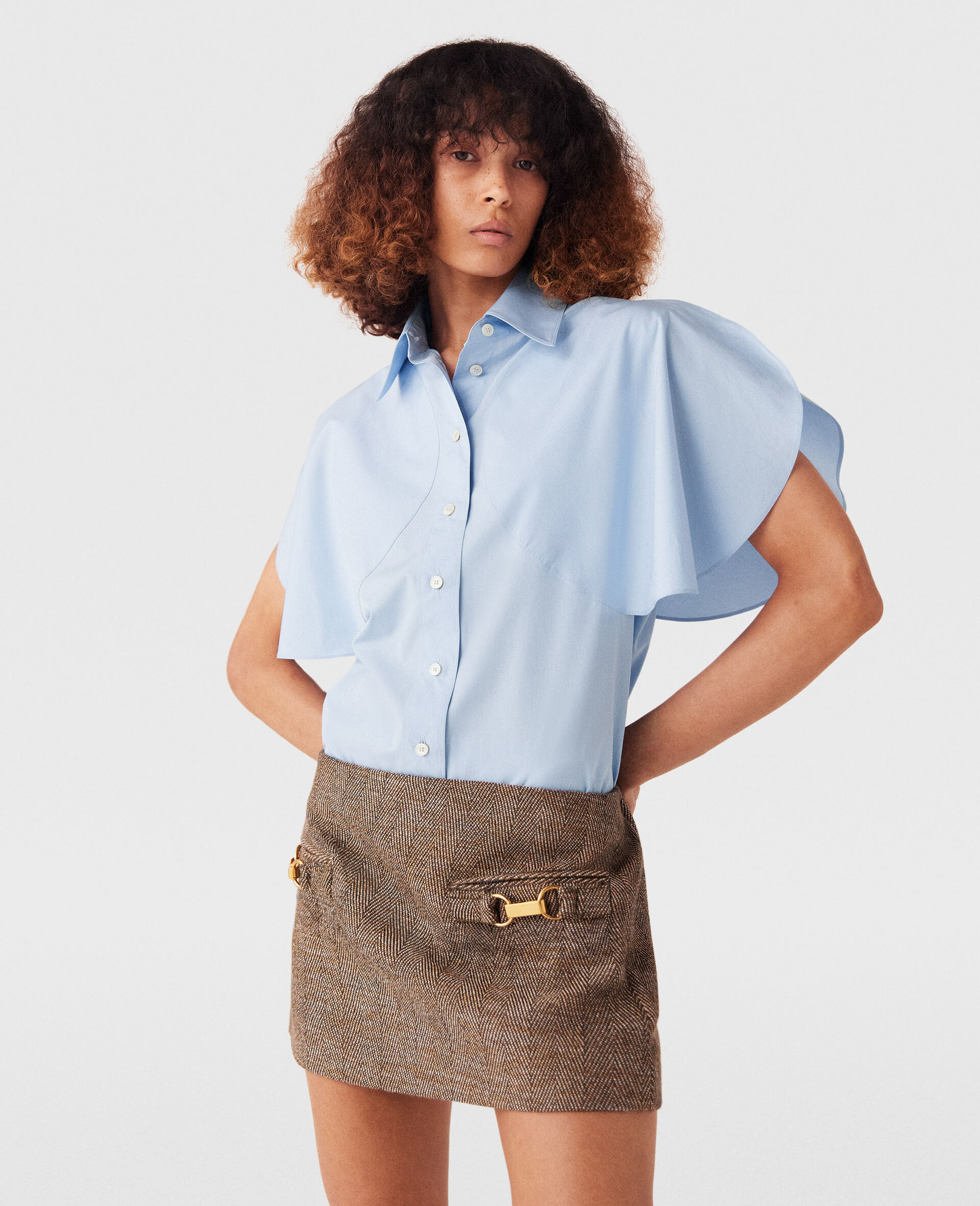 Flared Short Sleeve Shirt-Blue-large image number 2