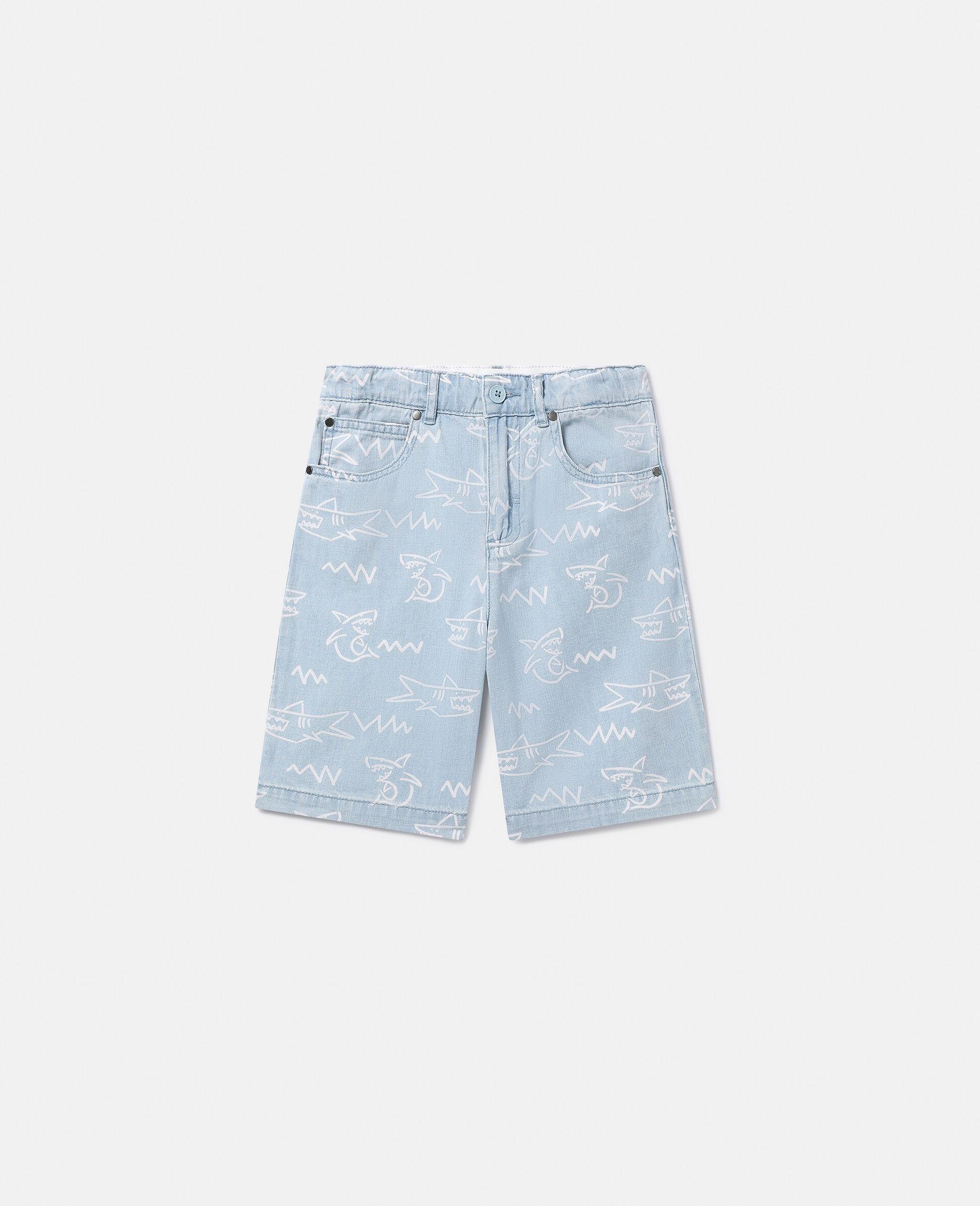 Shark Print Denim Shorts-Bleu-medium