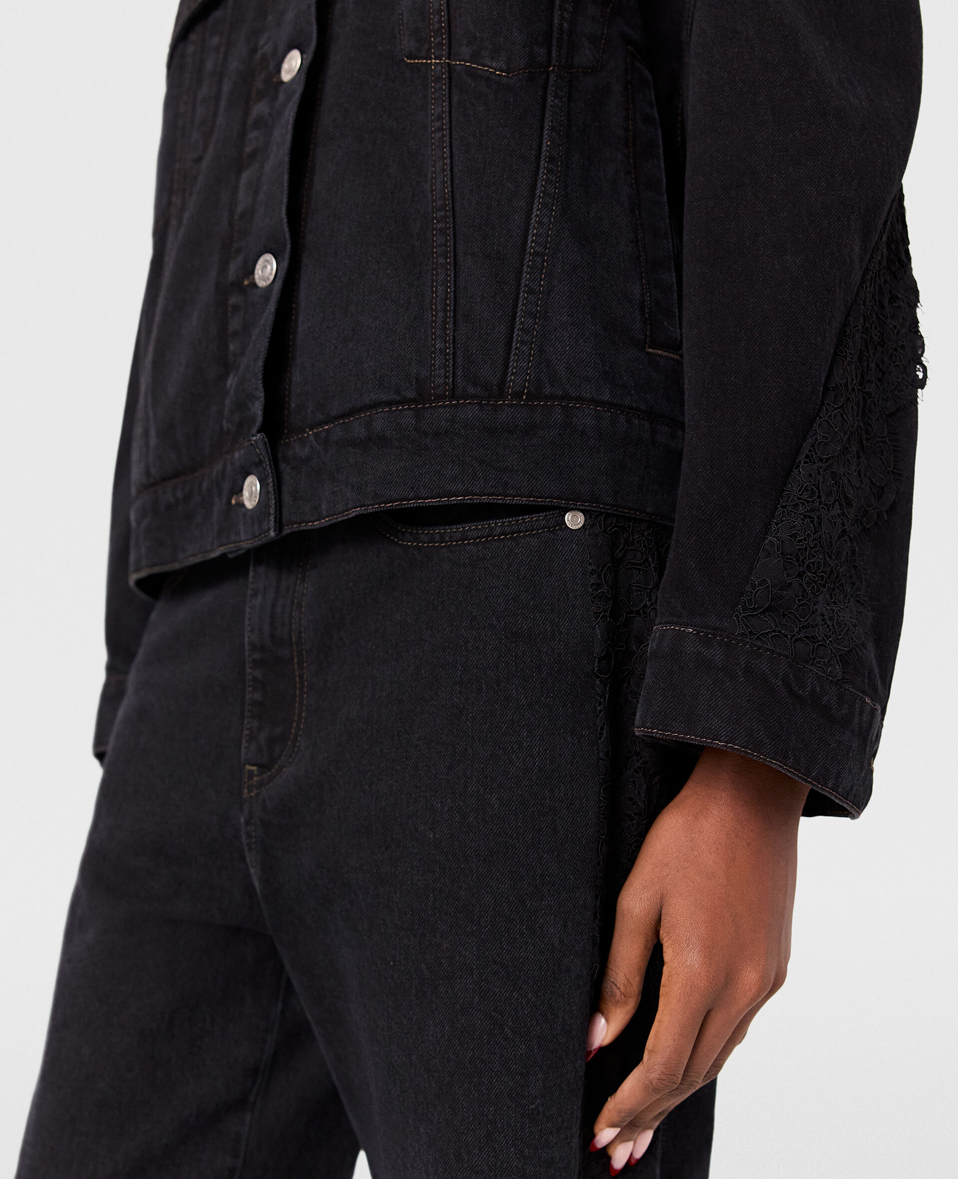 Jeans a Vita Alta con Gamba Dritta in Pizzo-Nero-large image number 4