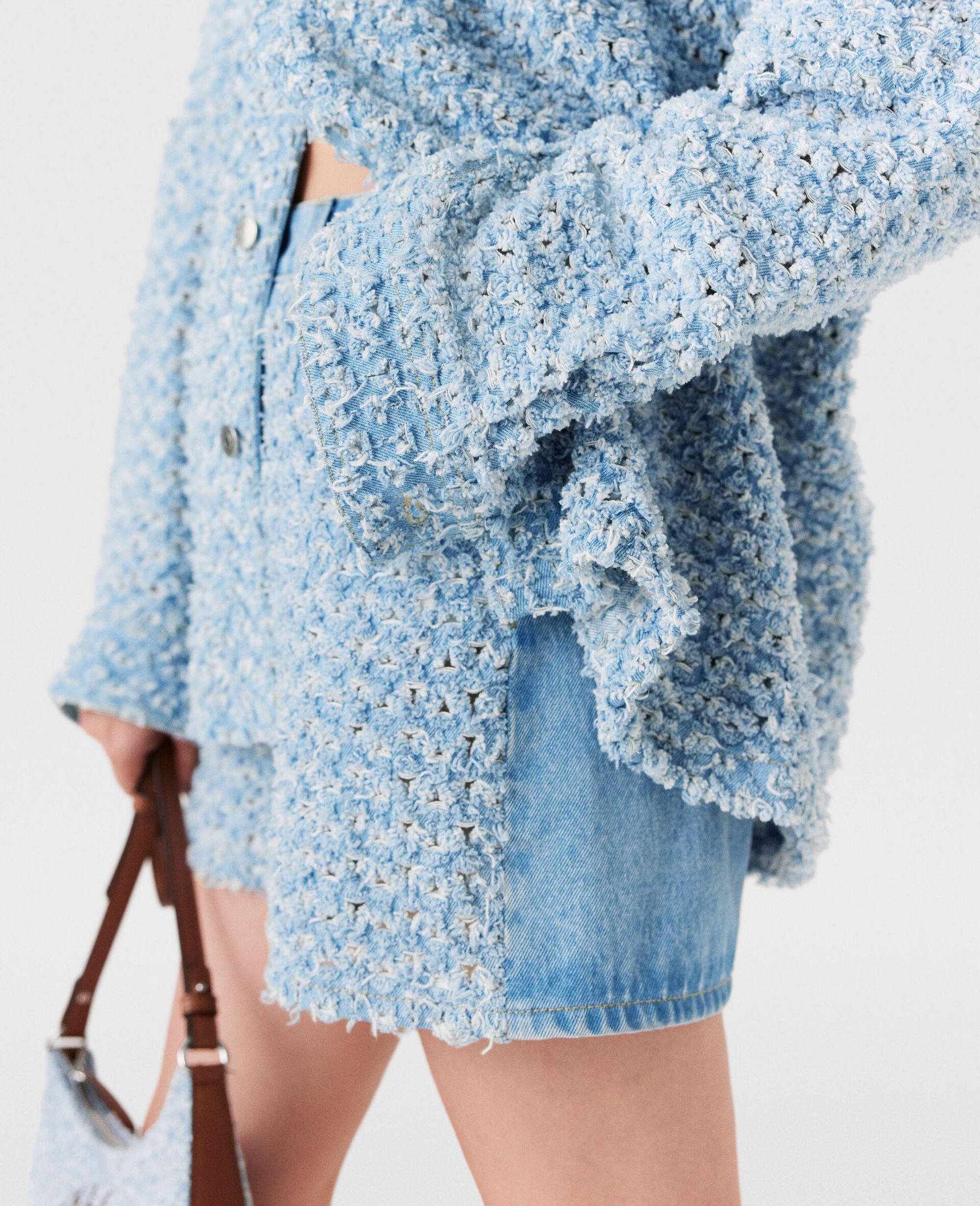 Mid-rise Denim Bouclé Shorts-Blue-large image number 3